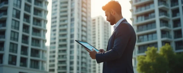 Vue réaliste d'un immeuble en copropriété moderne avec mise en lumière naturelle et un professionnel consultant un diagnostic technique sur tablette numérique devant le bâtiment, ambiance nette, lumière douce et composition équilibrée