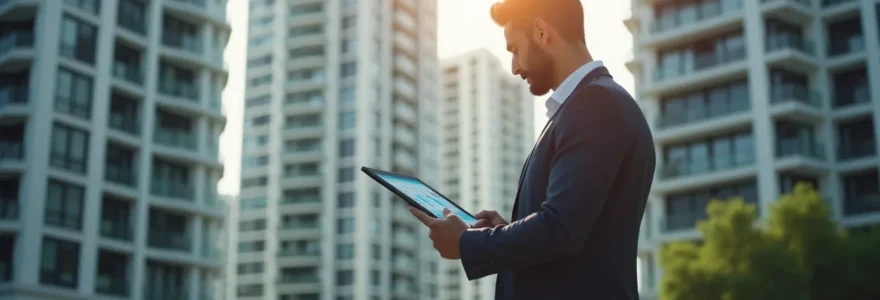 Vue réaliste d'un immeuble en copropriété moderne avec mise en lumière naturelle et un professionnel consultant un diagnostic technique sur tablette numérique devant le bâtiment, ambiance nette, lumière douce et composition équilibrée