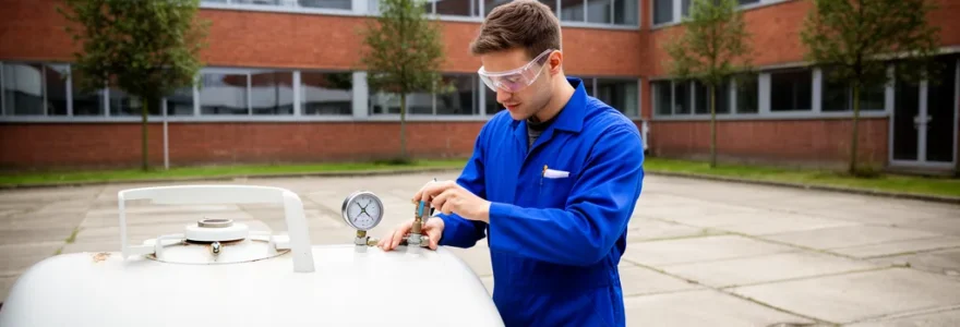 Technicien inspectant citerne propane (gaz professionnel) dans cour entreprise industrielle