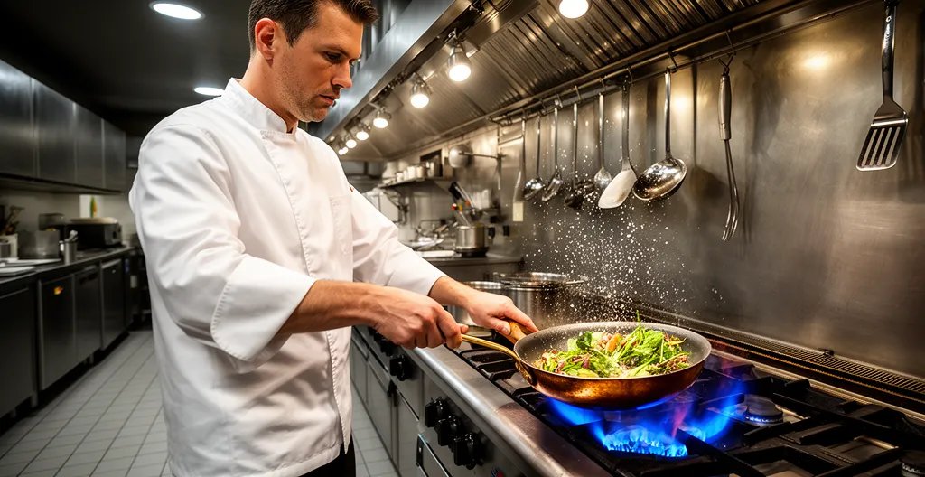 Chef travaillant sur piano gaz professionnel (équipement propane restaurant)