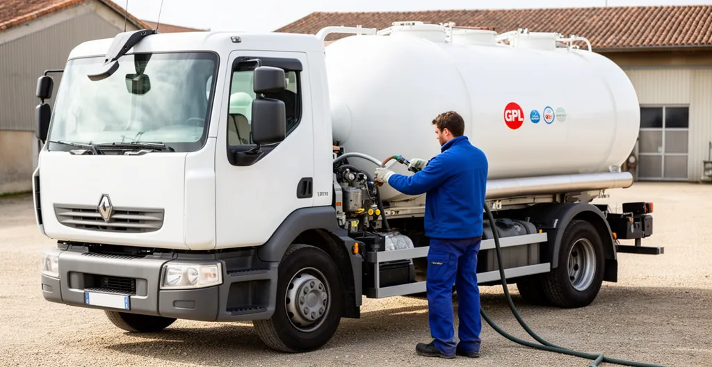 Camion-citerne livrant gaz propane (approvisionnement professionnel) en zone rurale