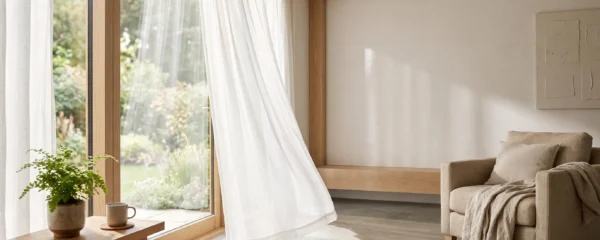 Intérieur lumineux et épuré illustrant un air intérieur sain grâce à une ventilation naturelle, sans purificateur d'air visible
