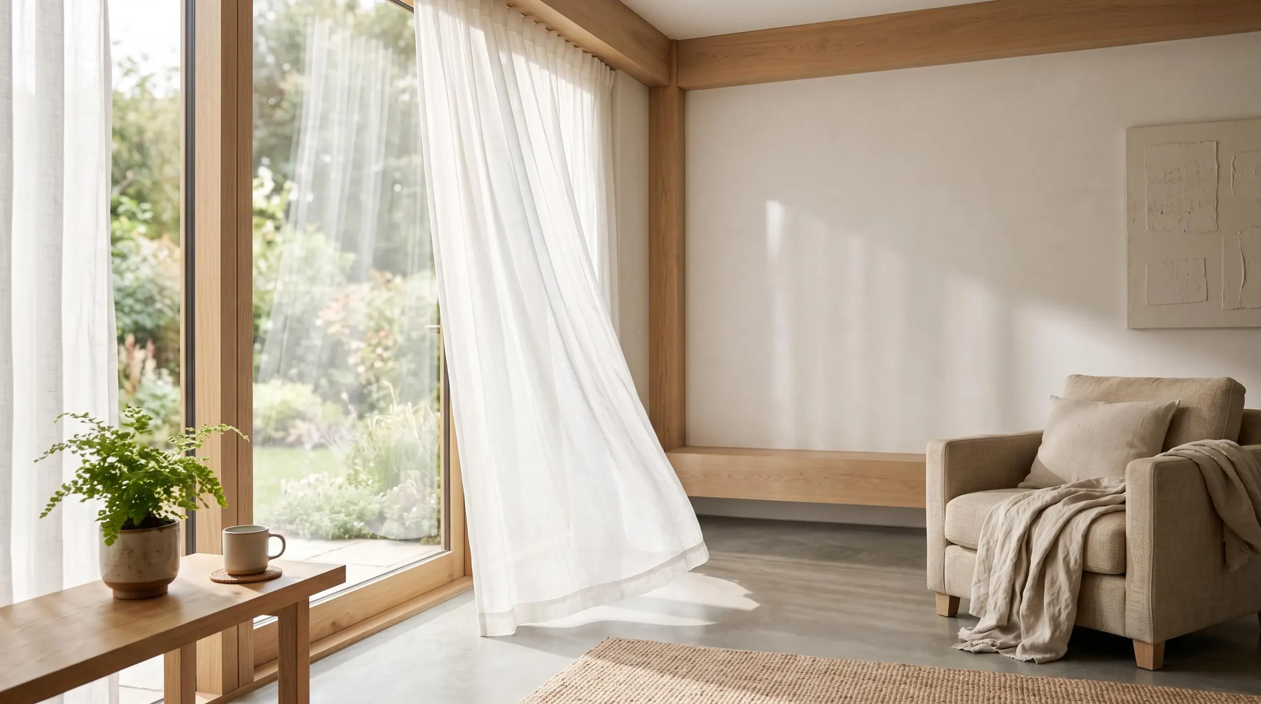 Intérieur lumineux et épuré illustrant un air intérieur sain grâce à une ventilation naturelle, sans purificateur d'air visible