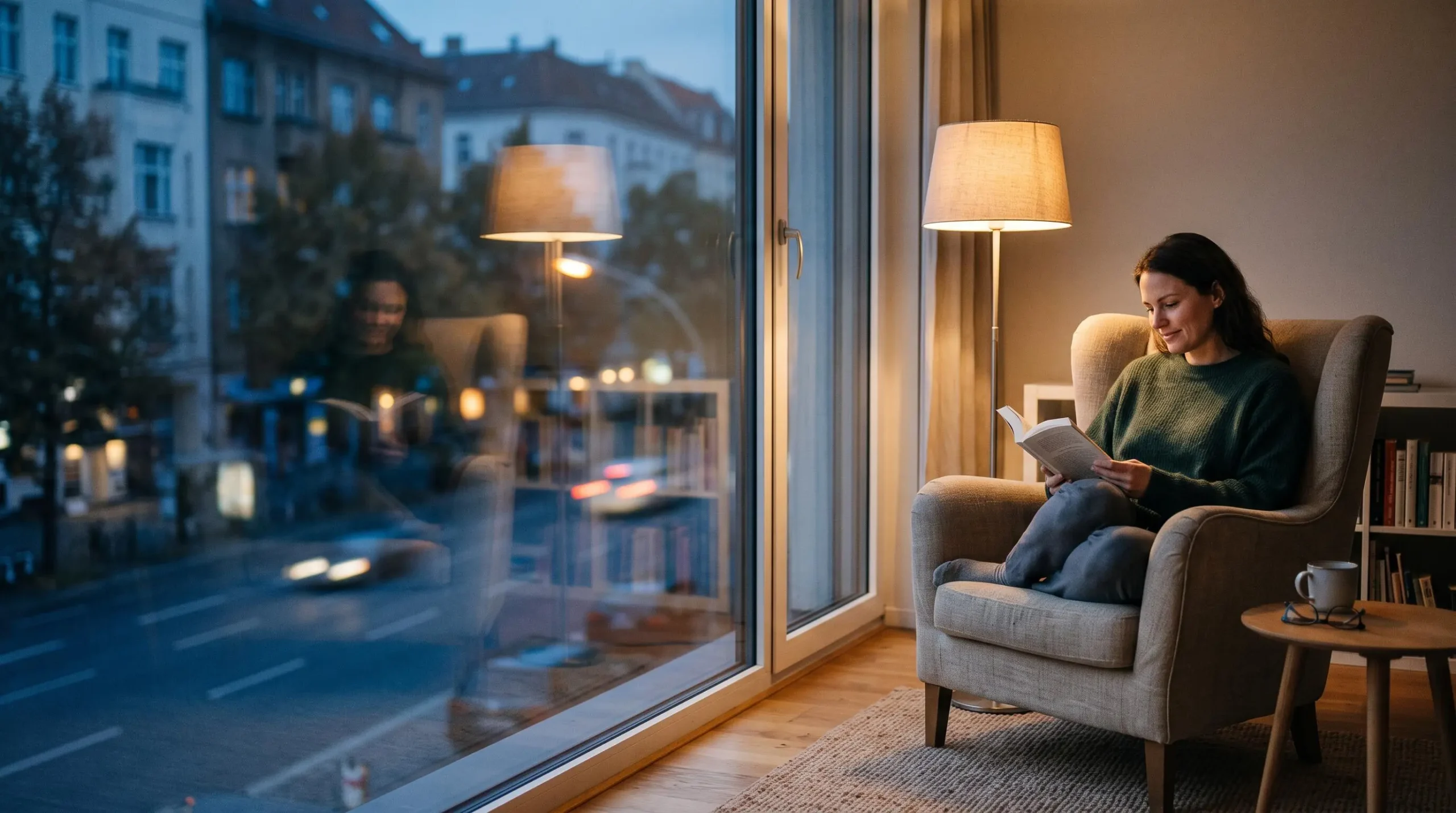Interieur d'appartement lumineux et silencieux, protege des bruits de la rue par une isolation phonique soignee
