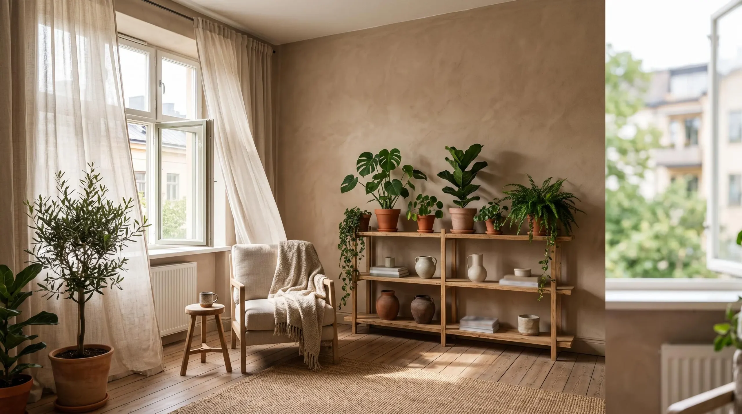 Salon d'appartement lumineux et épuré, rempli de plantes vertes et de matériaux naturels, symbolisant la transformation vers un habitat sain et écologique