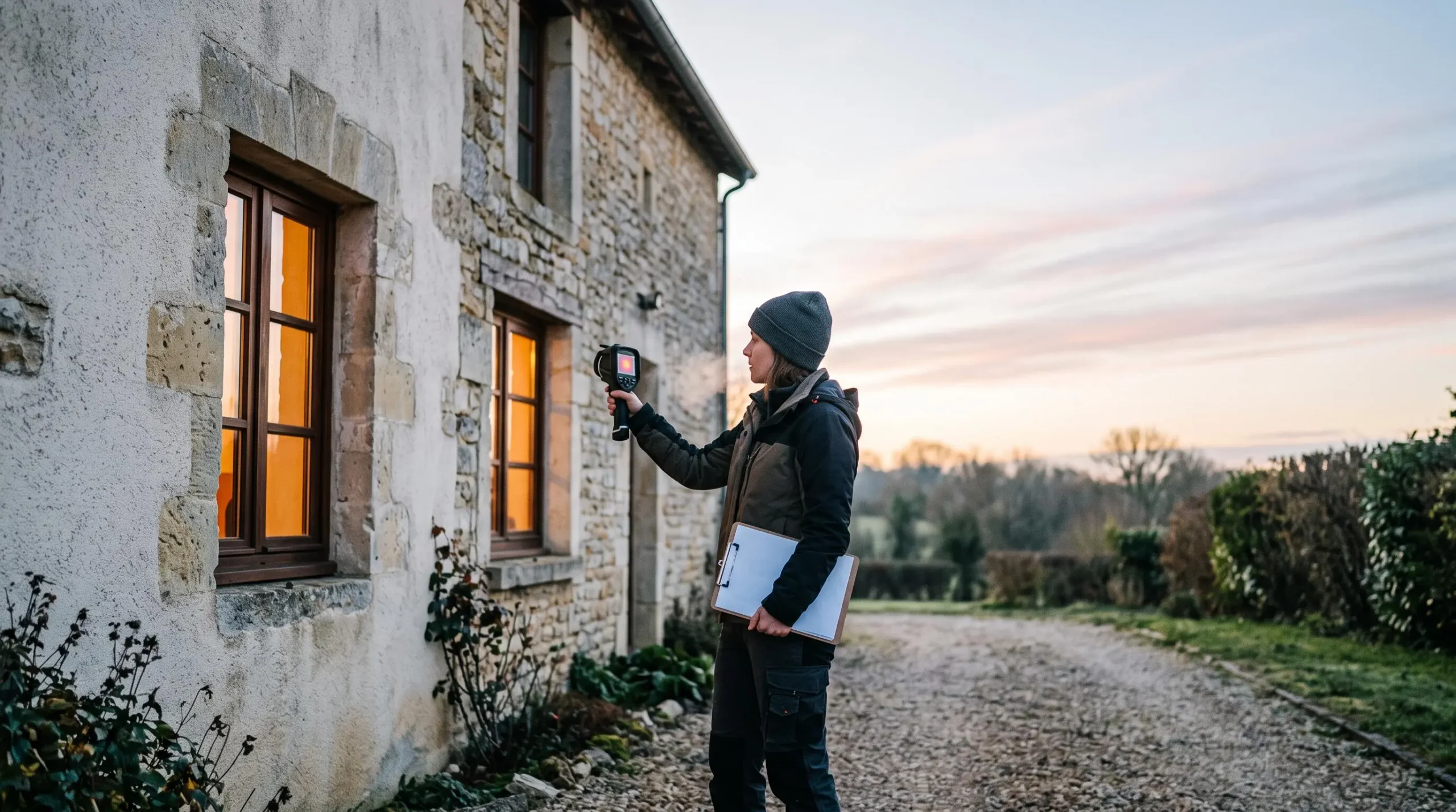 Auditeur énergétique examinant une maison avec des outils de mesure thermique pour orienter des travaux de rénovation