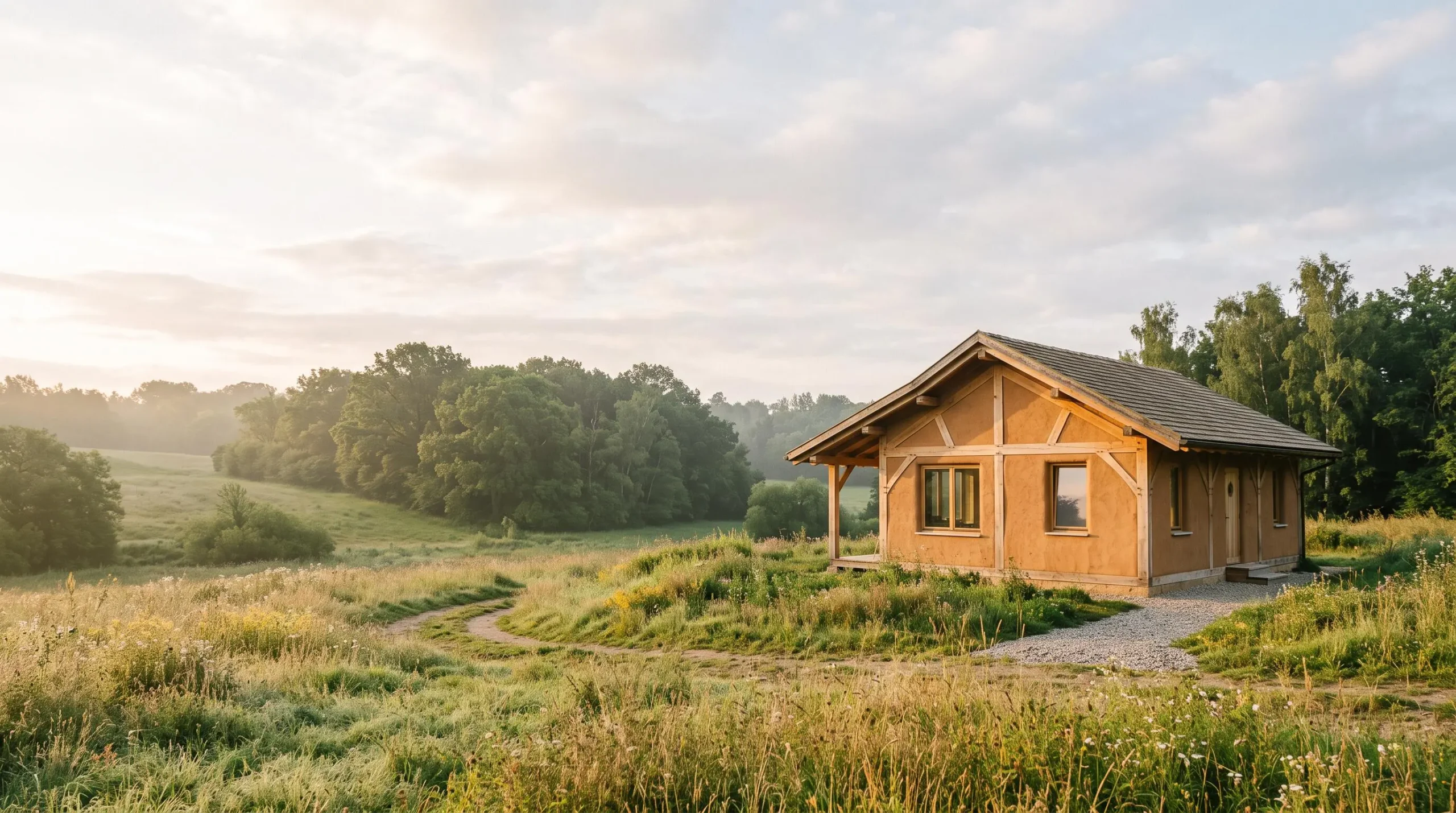 Maison écologique auto-construite en ossature bois et paille, entourée d'un jardin naturel, illustrant un projet d'habitat durable à petit budget