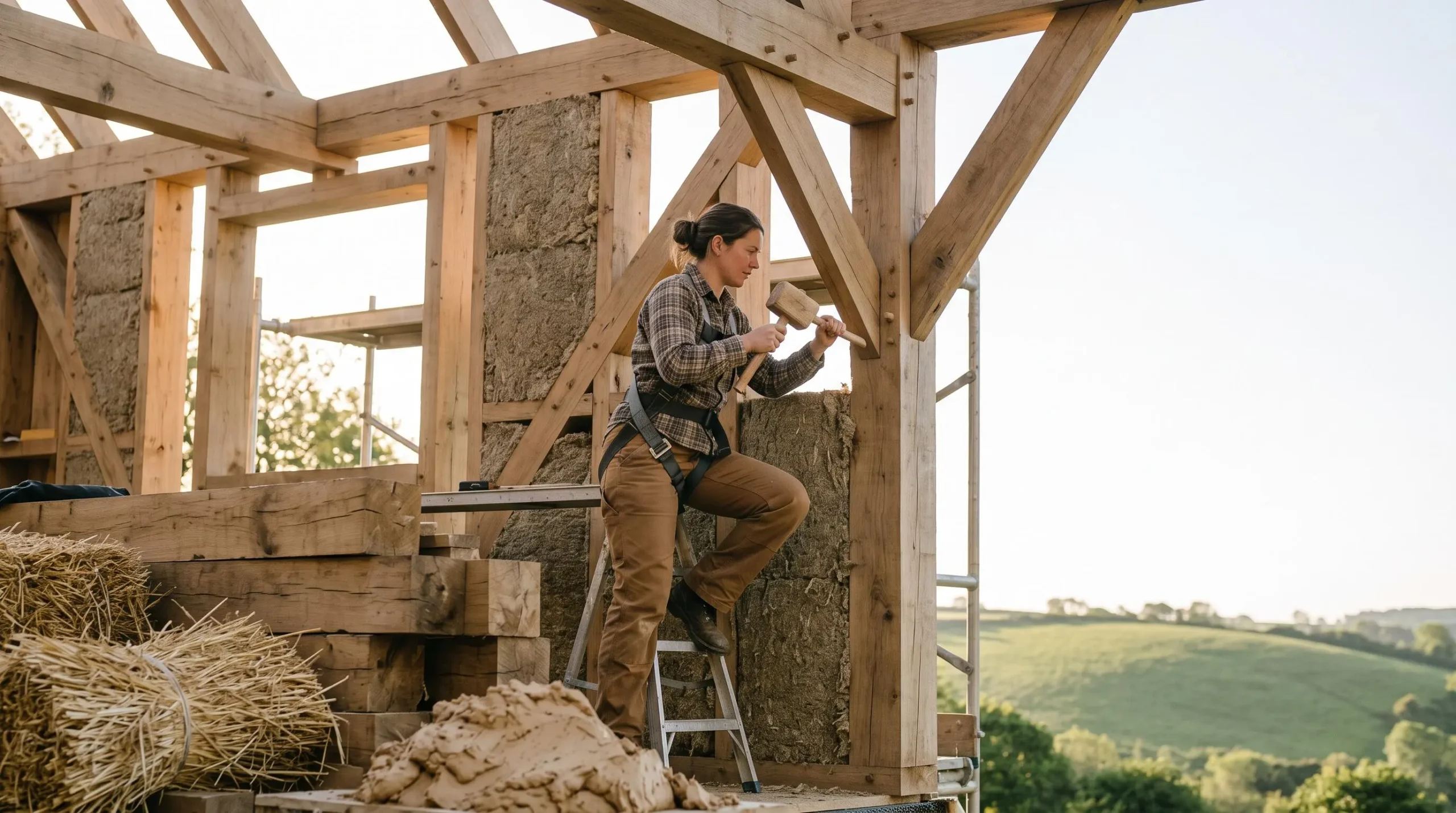 Charpentier travaillant le bois sur une ossature biosourcee au sein d'un chantier ecologique lumineux