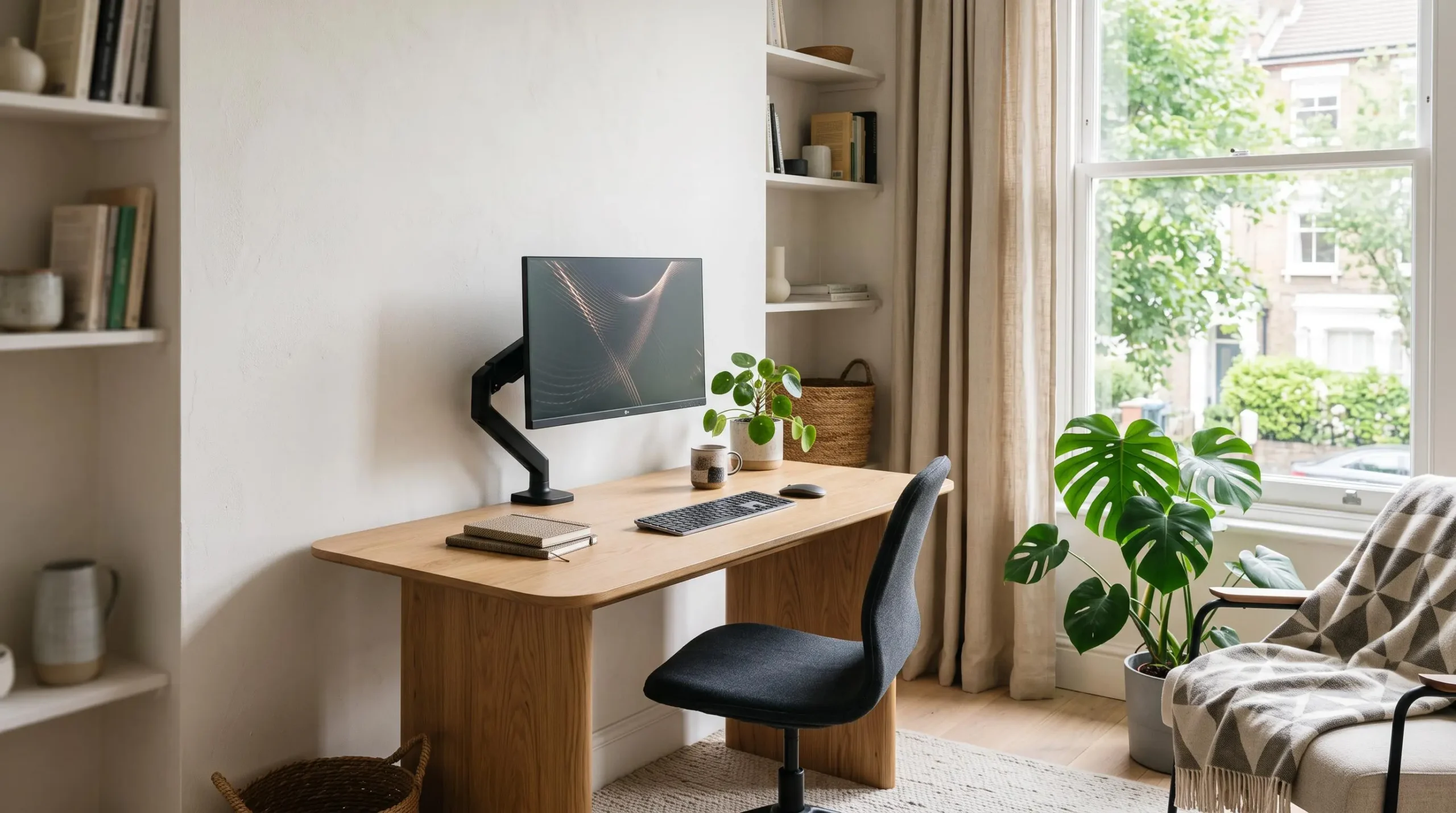 Coin bureau ergonomique lumineux intégré avec élégance dans un espace de vie sans cloison dédiée