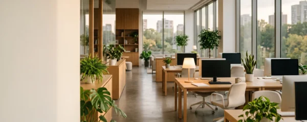 Bureau moderne baigné de lumière naturelle illustrant l'équilibre entre sobriété énergétique et confort de travail