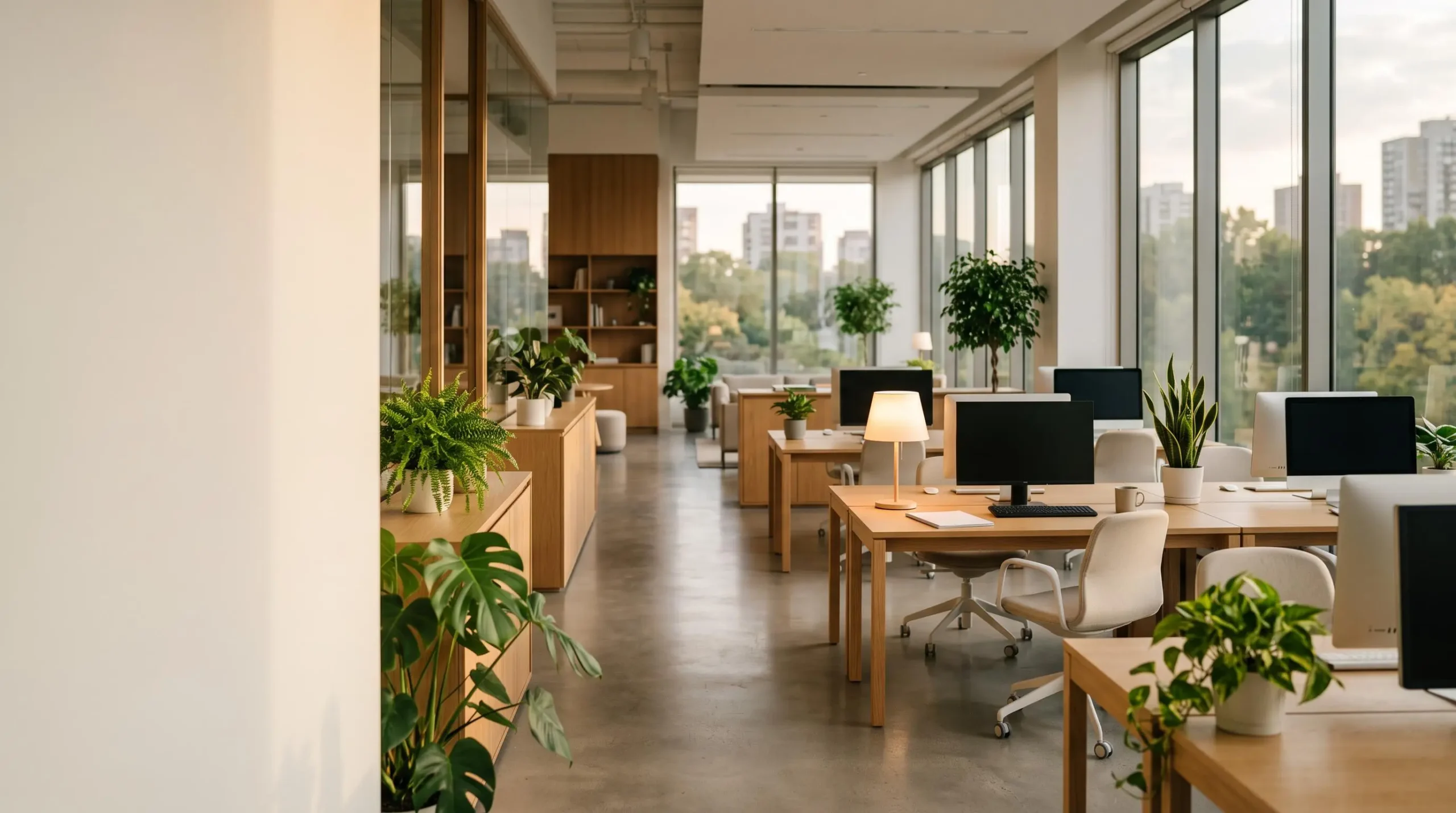 Bureau moderne baigné de lumière naturelle illustrant l'équilibre entre sobriété énergétique et confort de travail