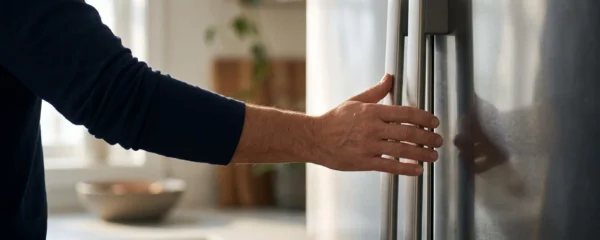 Main posée sur le bandeau de commande d'un réfrigérateur moderne dans une cuisine lumineuse, symbolisant le choix d'un appareil économe en énergie