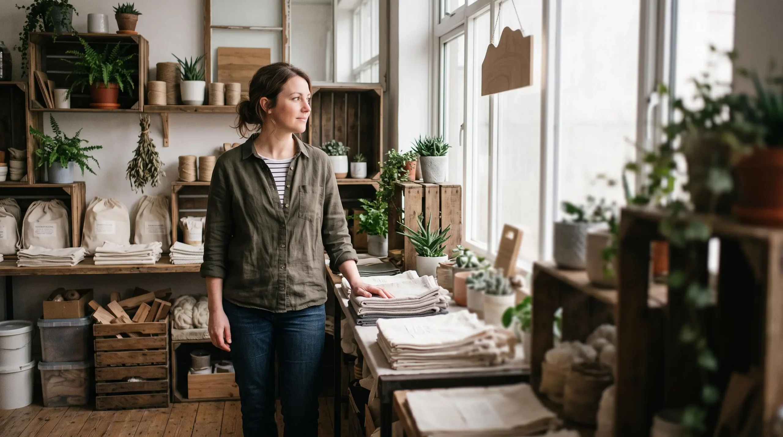 Commerçant dans son atelier lumineux illustrant une démarche de réduction de l'empreinte environnementale sur un an
