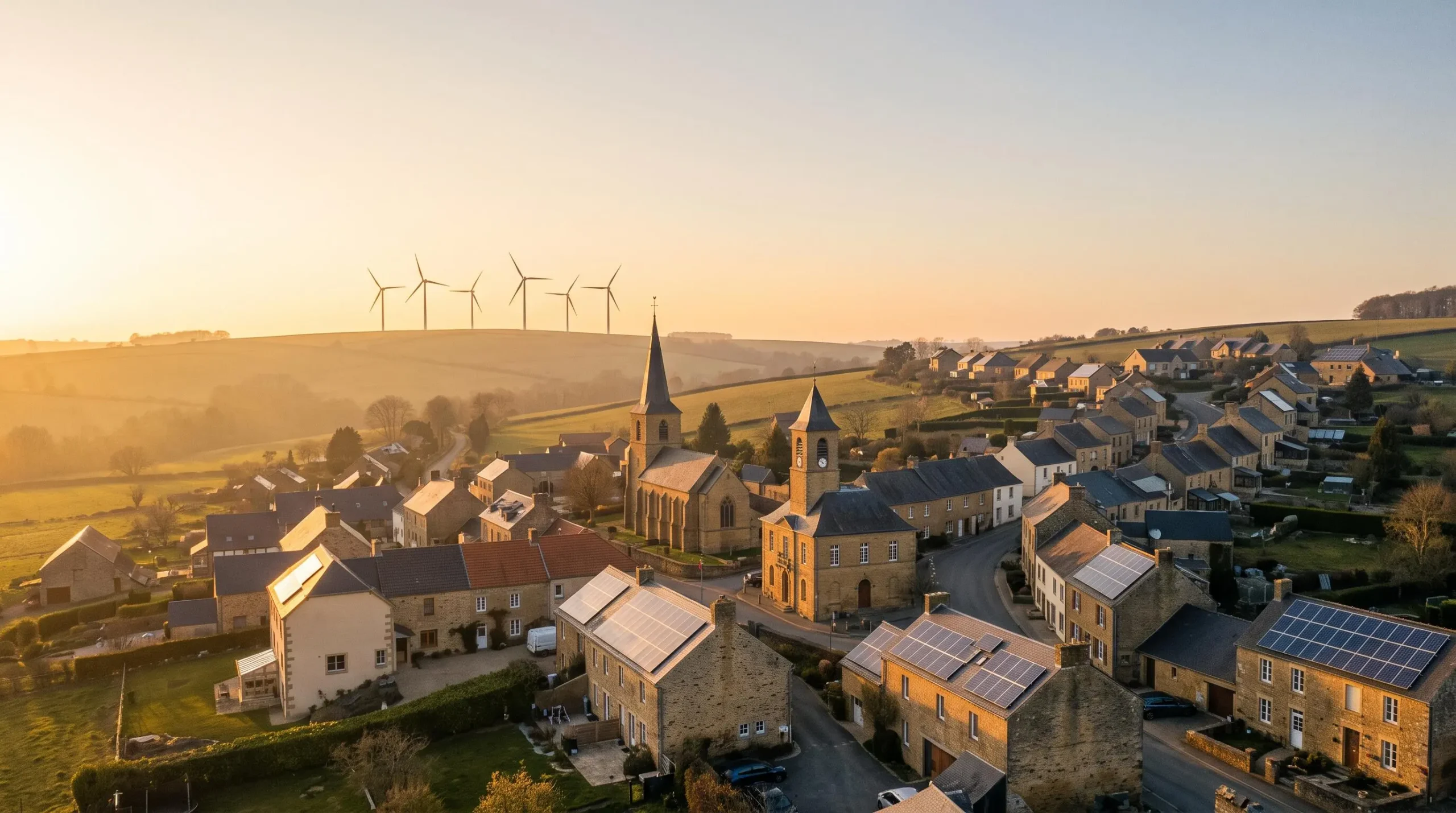 Petite commune rurale symbolisant la transition vers un territoire à énergie positive, toits équipés de panneaux solaires et éoliennes à l'horizon