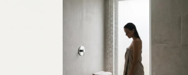 Douche moderne et lumineuse illustrant le confort d'une consommation d'eau maîtrisée dans une salle de bain épurée