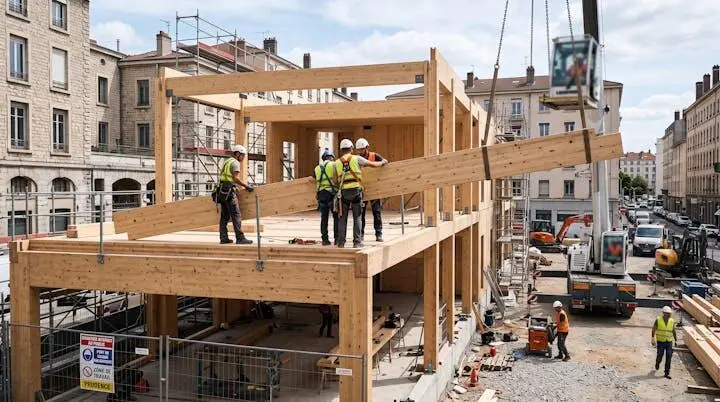 Chantier de construction neuve avec structure bois et matériaux bas carbone en Île-de-France