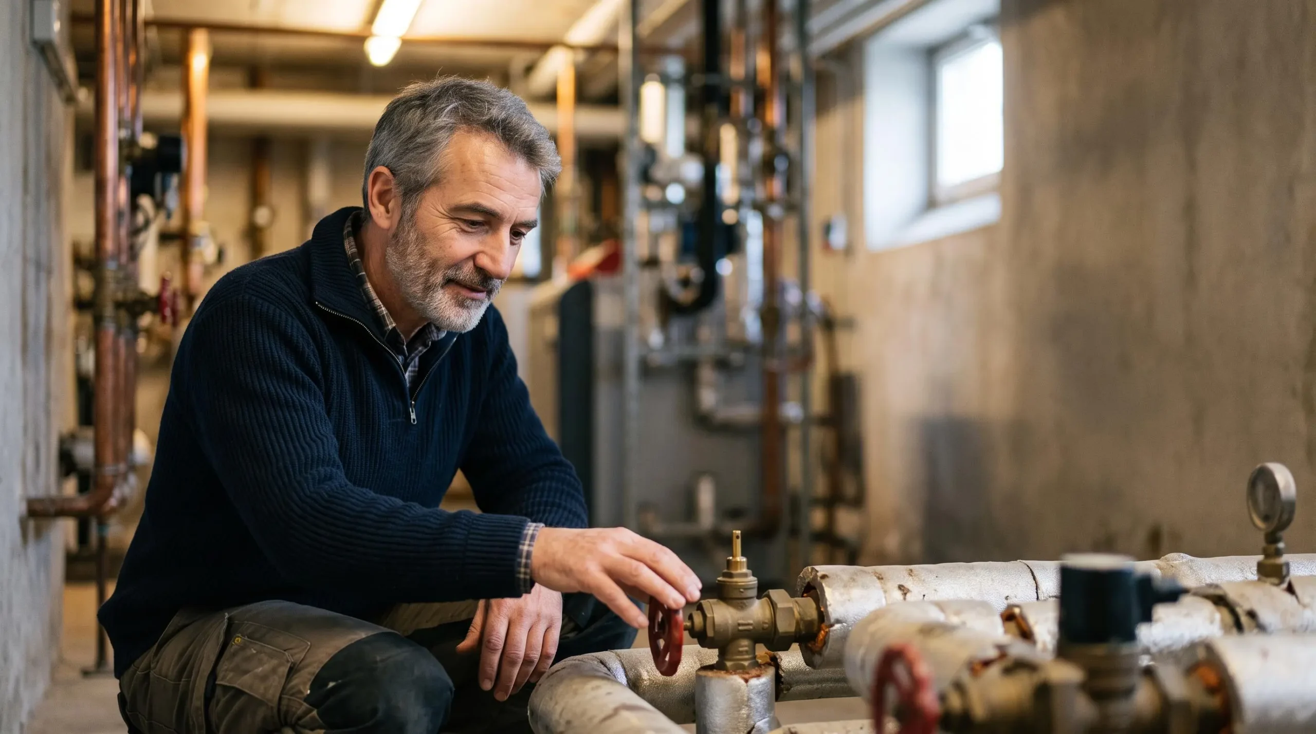 Copropriétaire vigilant vérifiant l'installation de chauffage collectif de son immeuble pour anticiper les charges énergétiques