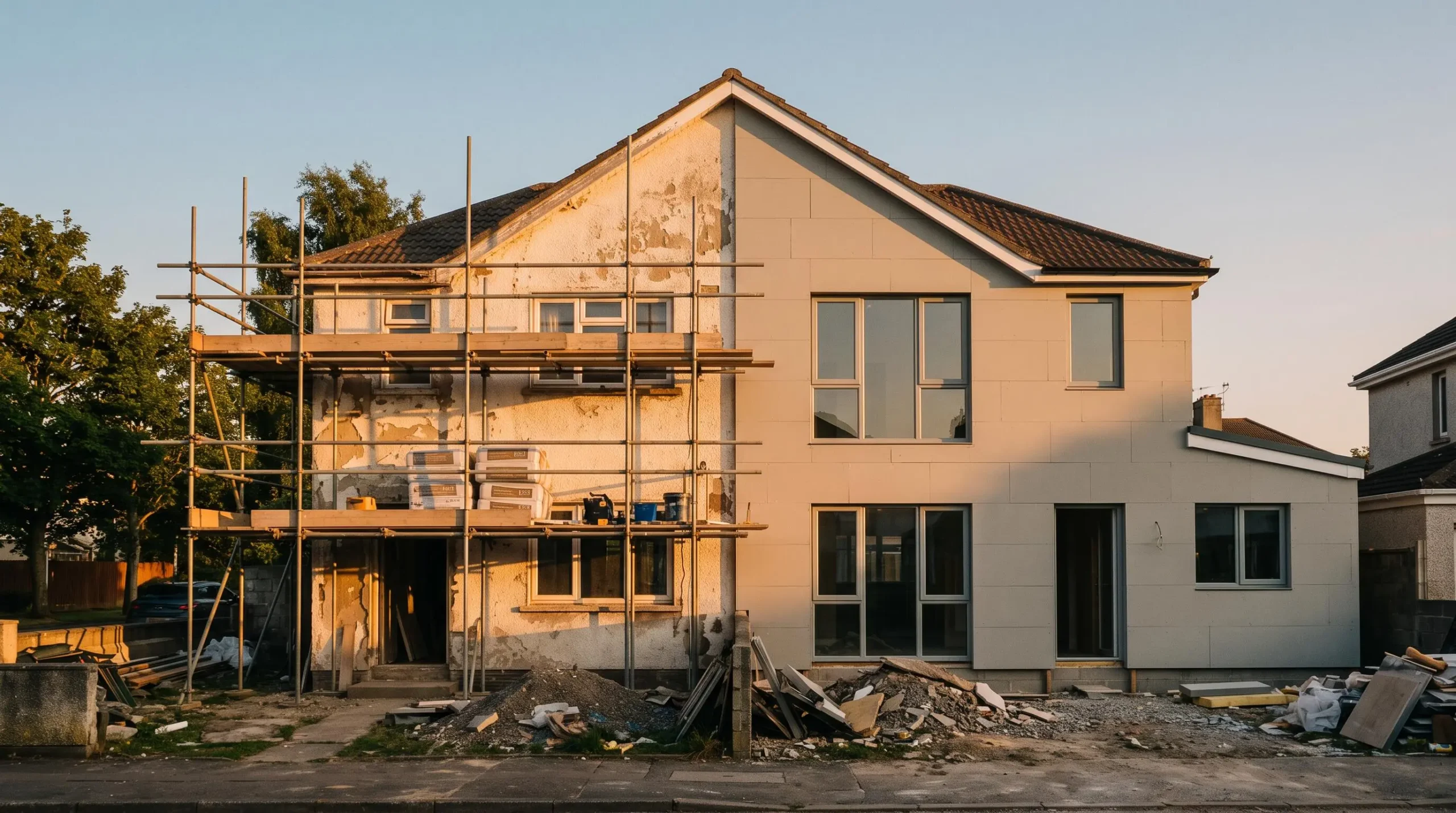 Façade de maison individuelle en pleine rénovation énergétique, symbolisant le cumul des aides financières