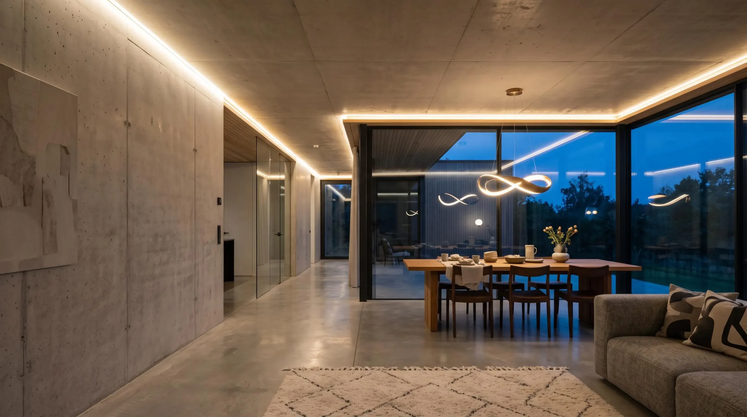 Salon contemporain d'une maison neuve baigné dans un éclairage LED architectural indirect au coucher du soleil