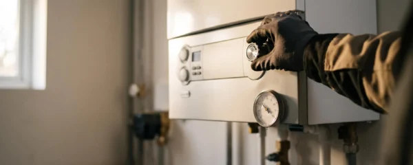 Technicien réglant une chaudière murale moderne dans une chaufferie domestique baignée de lumière naturelle