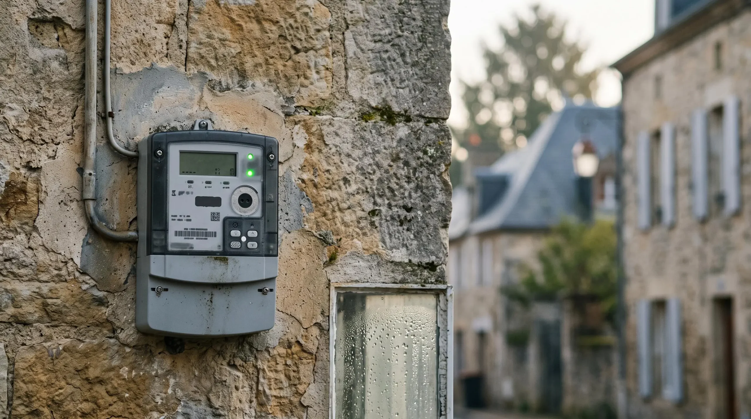 Compteur électrique communicant dans une maison française avec une facture floue en arrière-plan, symbolisant les erreurs de facturation