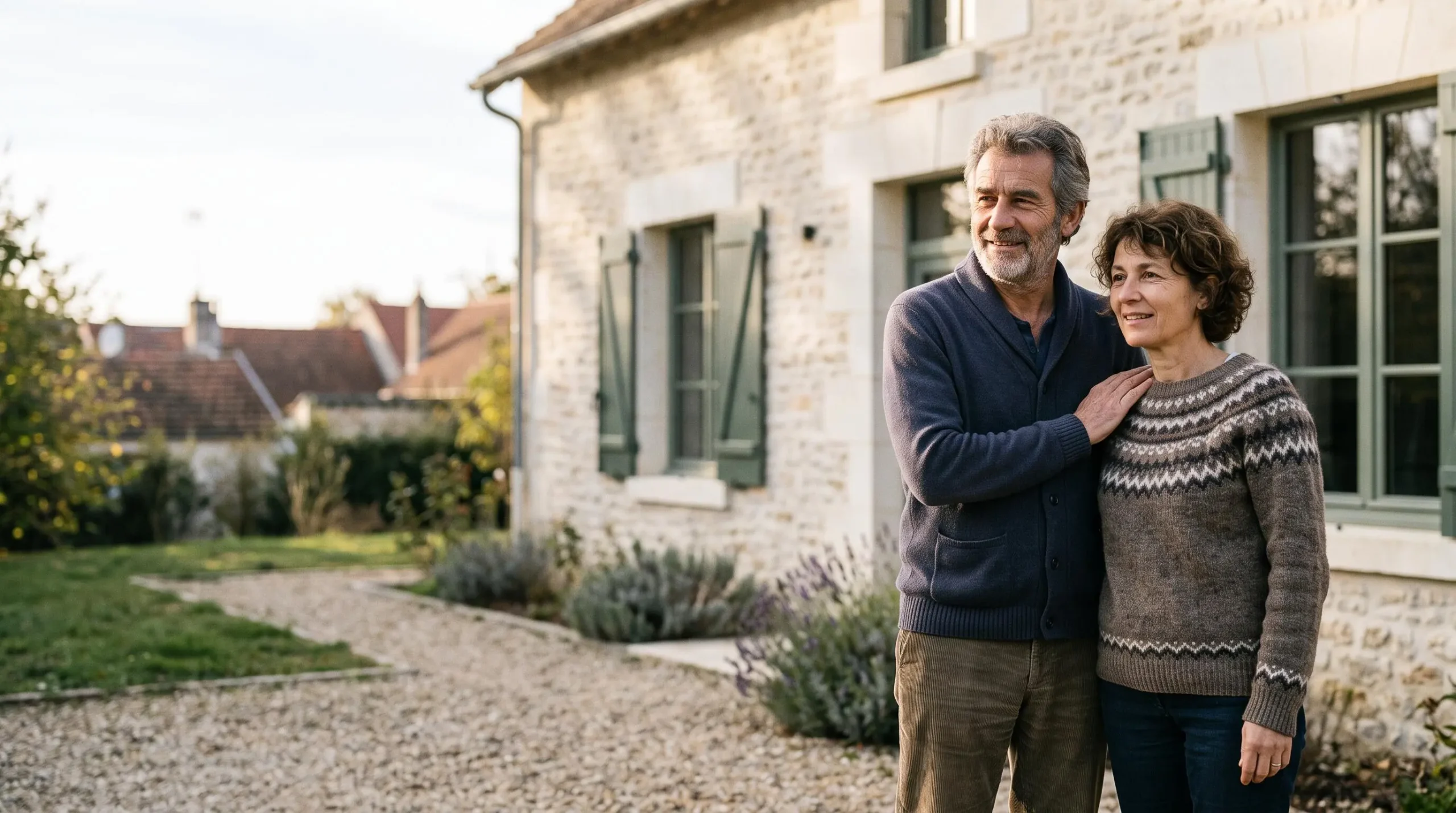 Un couple de propriétaires souriant devant leur maison rénovée, symbole du bénéfice financier de la rénovation énergétique