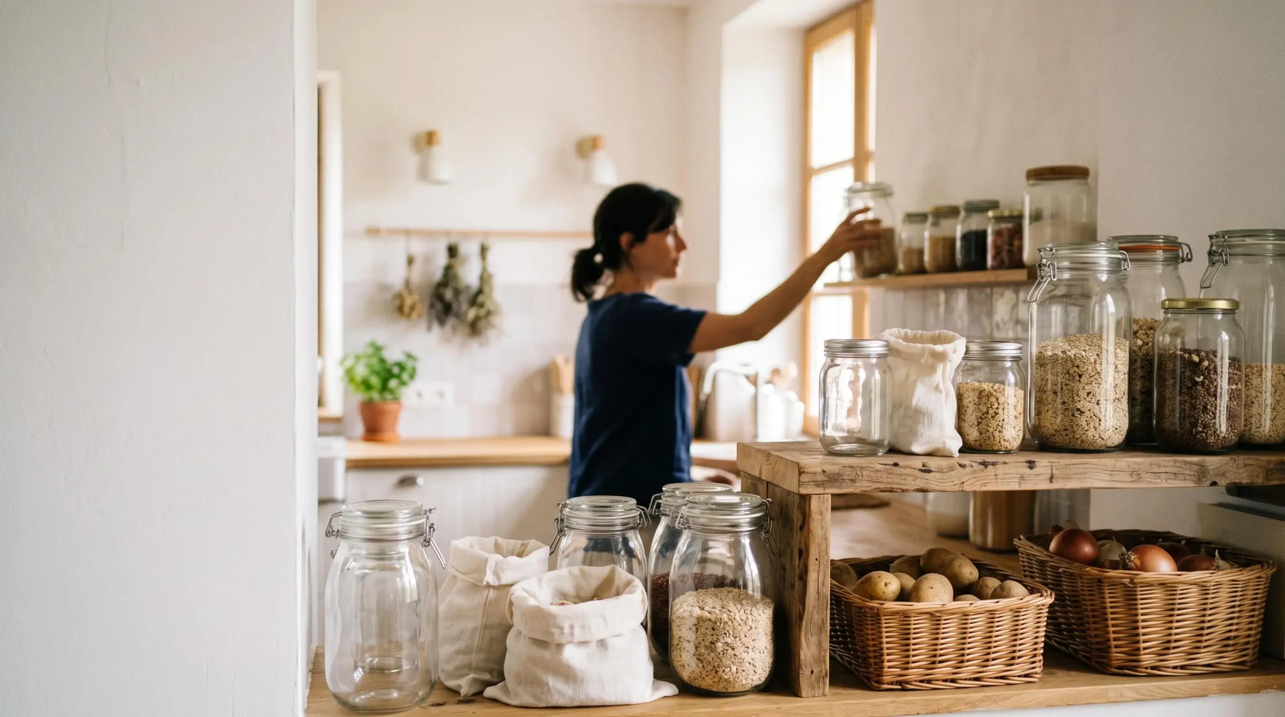 Famille organisant des contenants réutilisables en verre et tissu dans une cuisine lumineuse pour réduire ses déchets ménagers