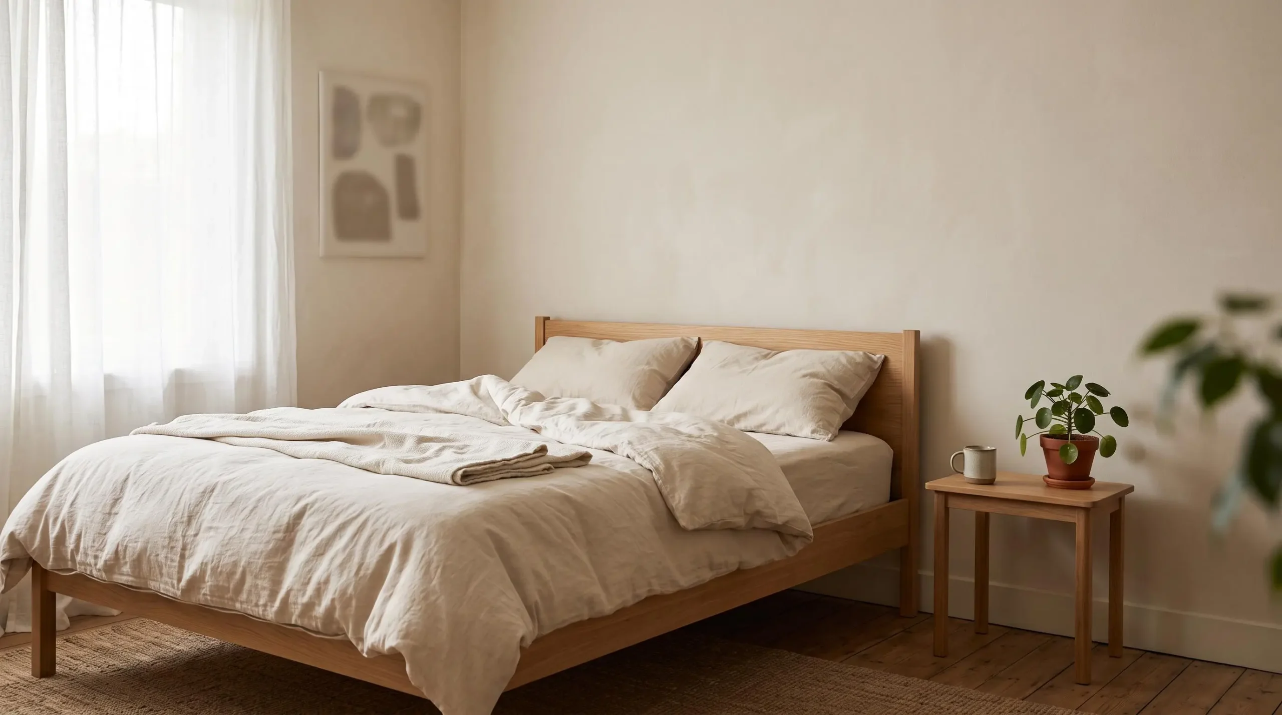 Parure de lit en coton bio écru posée dans une chambre lumineuse et épurée, symbolisant un sommeil sain sans substances toxiques