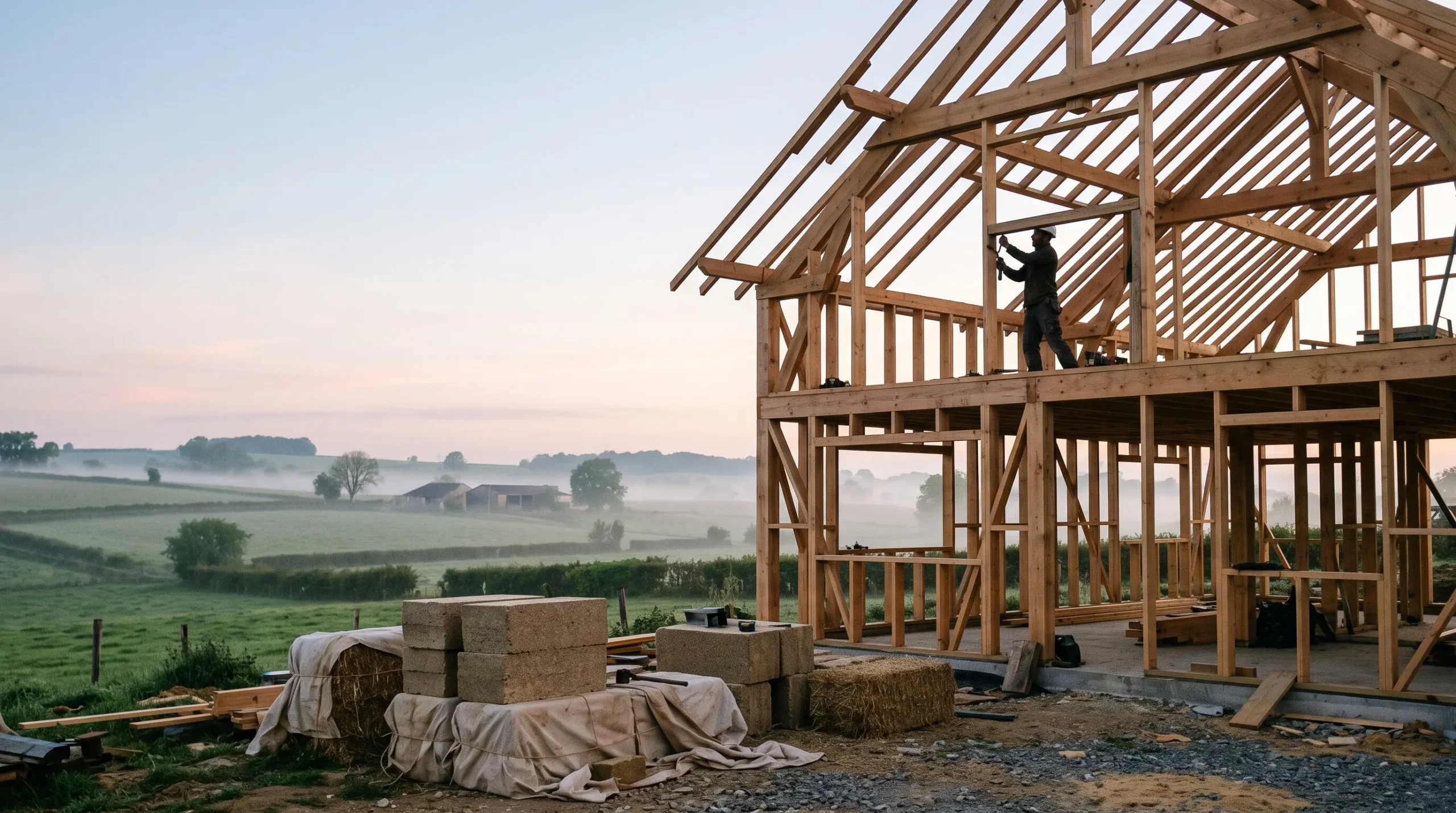 Maison en ossature bois et matériaux biosourcés en cours de construction, symbole de la neutralité carbone dans l'habitat