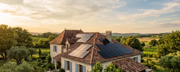 Toiture de maison française équipée de panneaux solaires photovoltaïques baignée par la lumière dorée du soleil couchant, symbole d'un investissement rentable