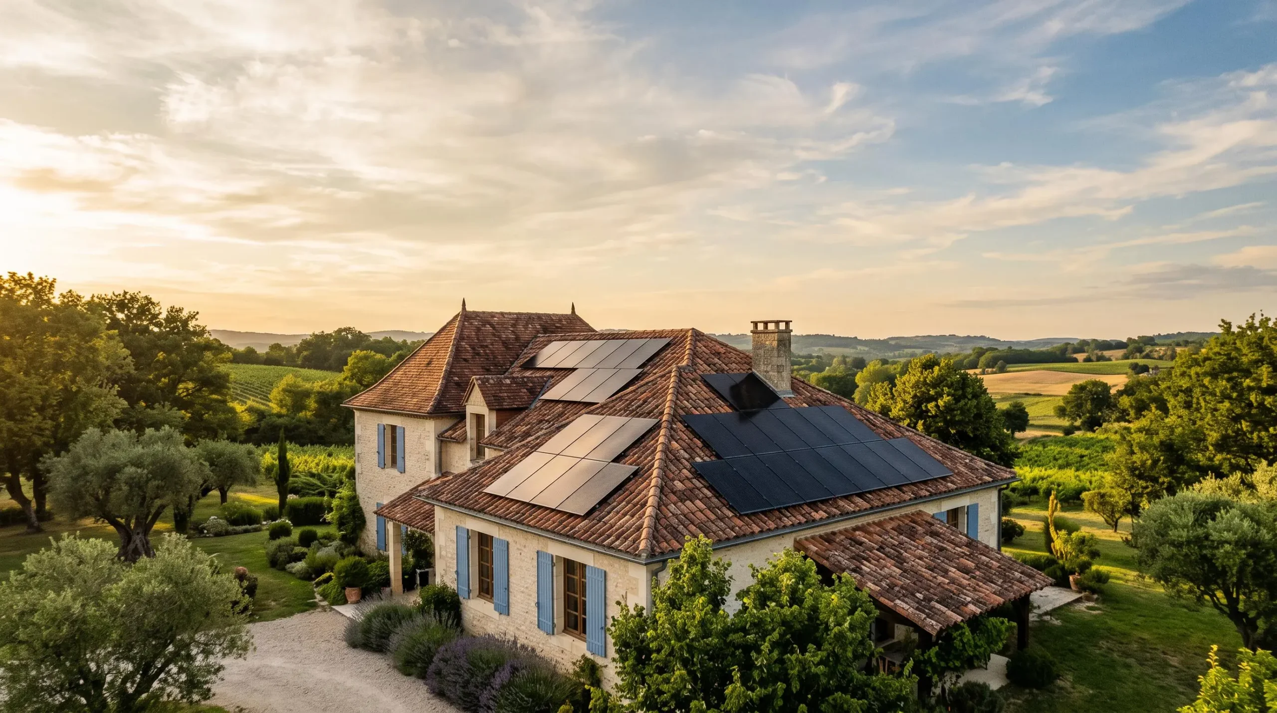 Toiture de maison française équipée de panneaux solaires photovoltaïques baignée par la lumière dorée du soleil couchant, symbole d'un investissement rentable