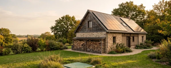 Maison contemporaine française combinant panneaux solaires en toiture, tas de bois de chauffage et jardin avec sonde géothermique enterrée, symbole d'autonomie énergétique