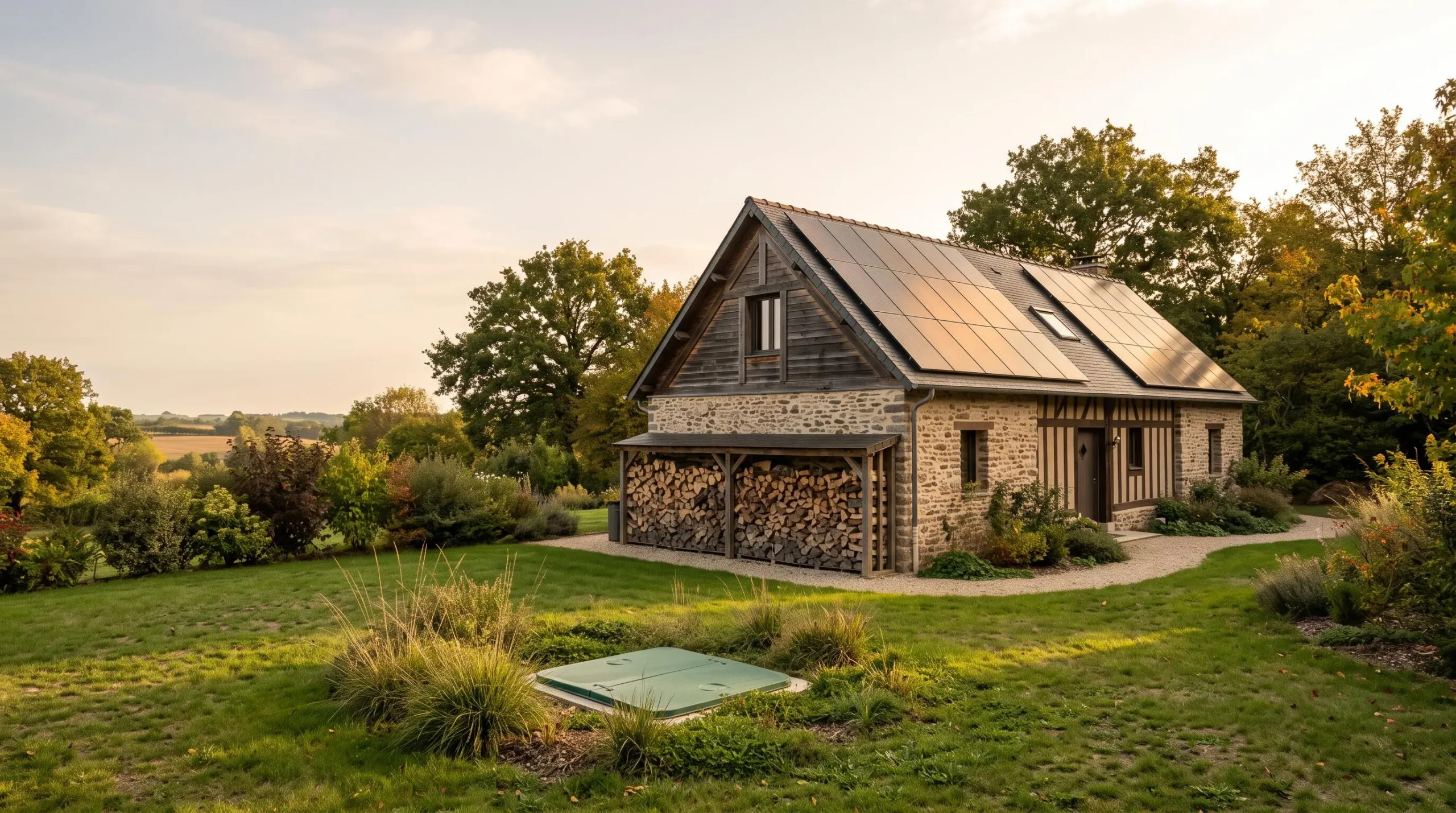 Maison contemporaine française combinant panneaux solaires en toiture, tas de bois de chauffage et jardin avec sonde géothermique enterrée, symbole d'autonomie énergétique