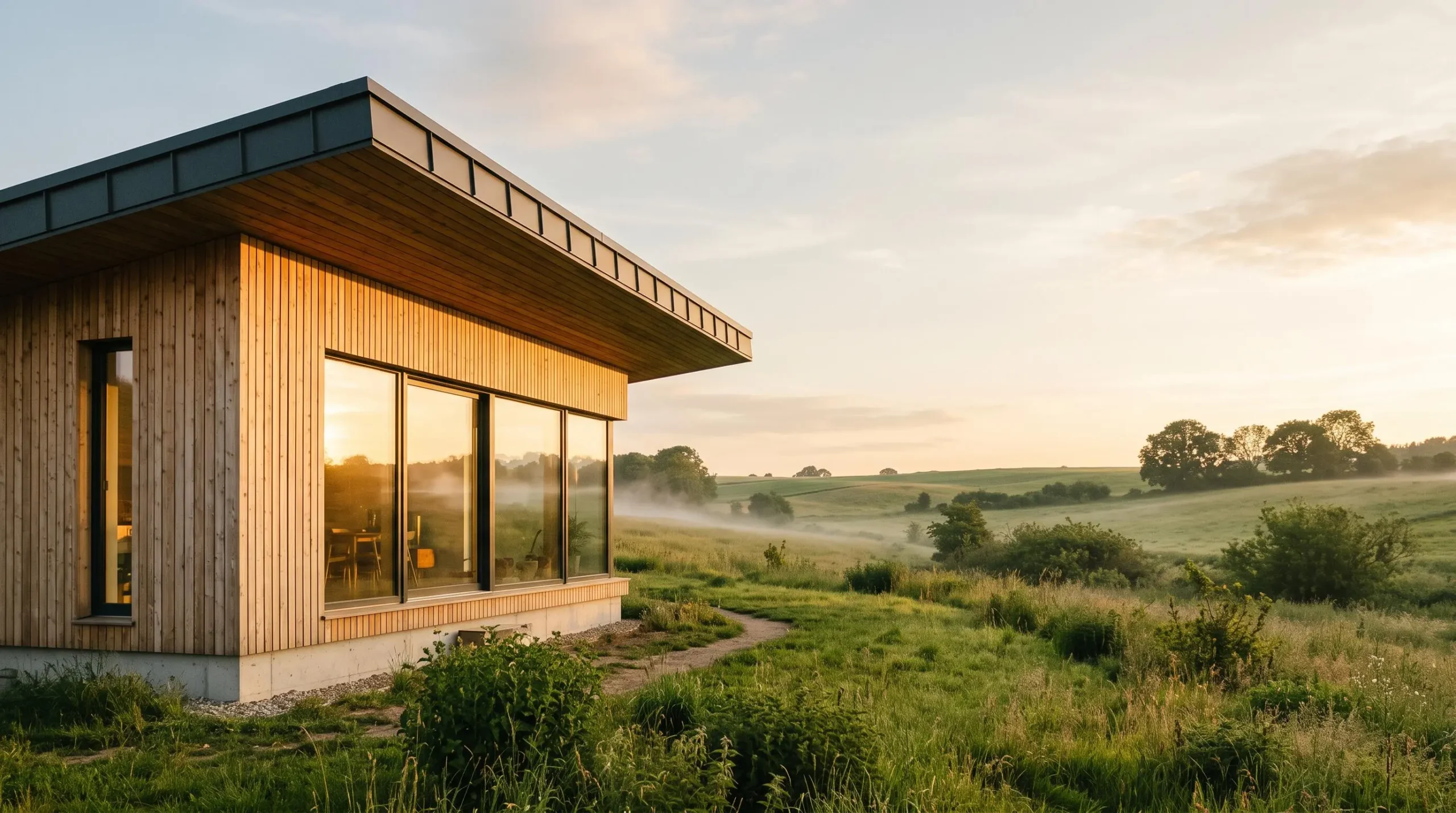 Maison passive contemporaine en bois baignée de lumière naturelle, illustrant une construction basse consommation
