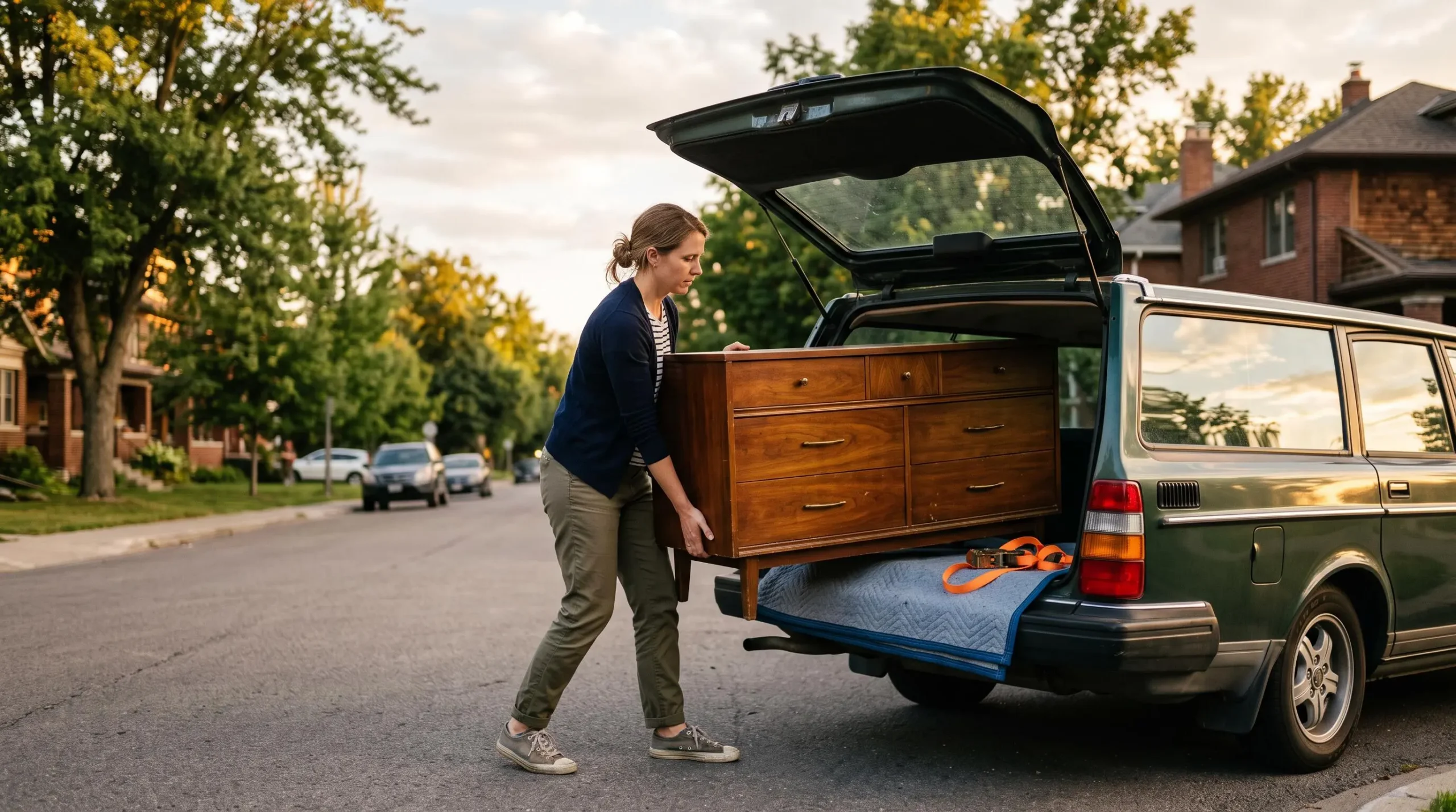 Une personne charge avec soin une commode en bois ancien à l'arrière d'un break, illustrant le transport malin d'un meuble de seconde main