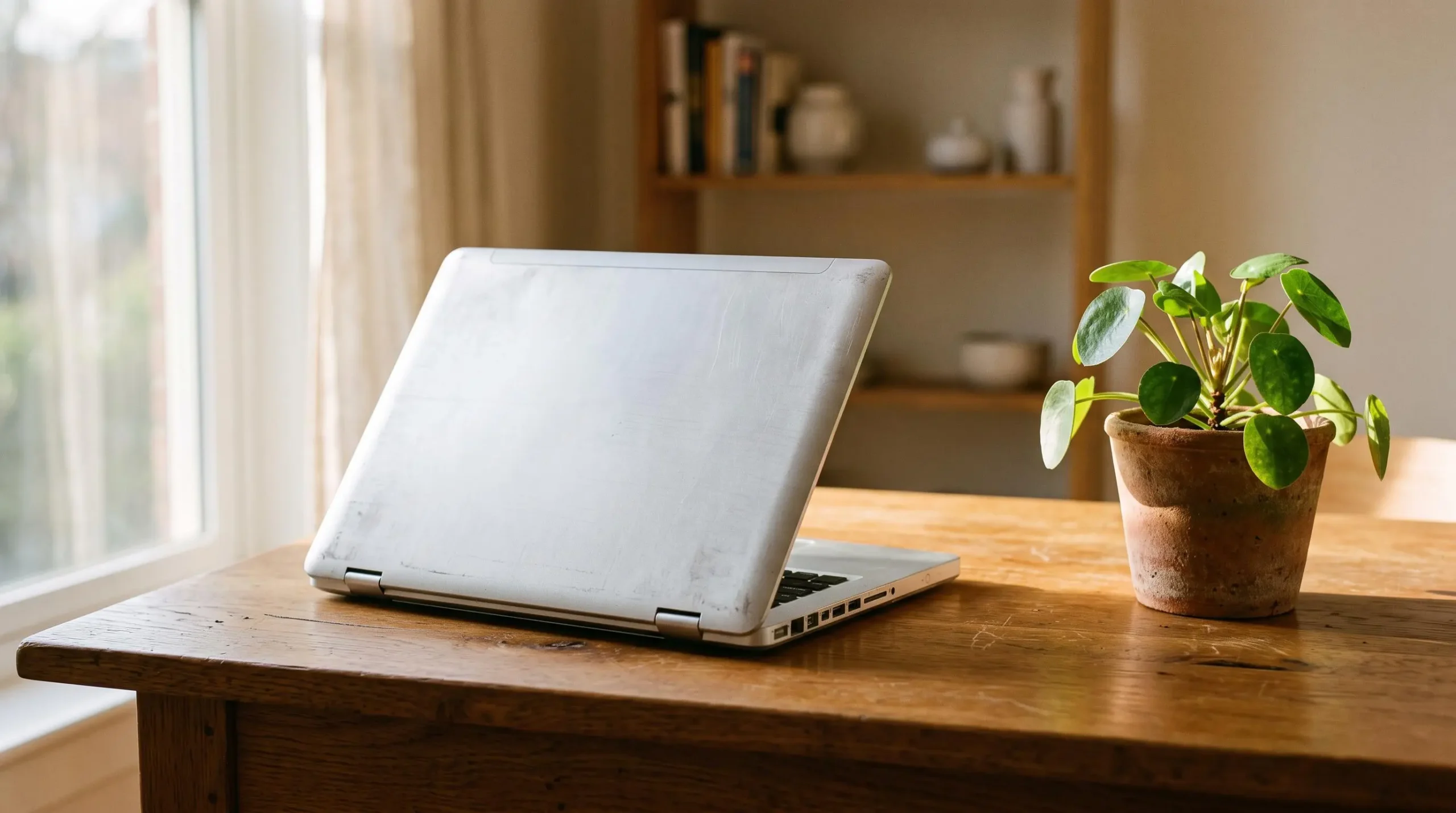 Ordinateur portable ancien mais parfaitement entretenu posé sur un bureau en bois, symbole de longévité et de sobriété énergétique