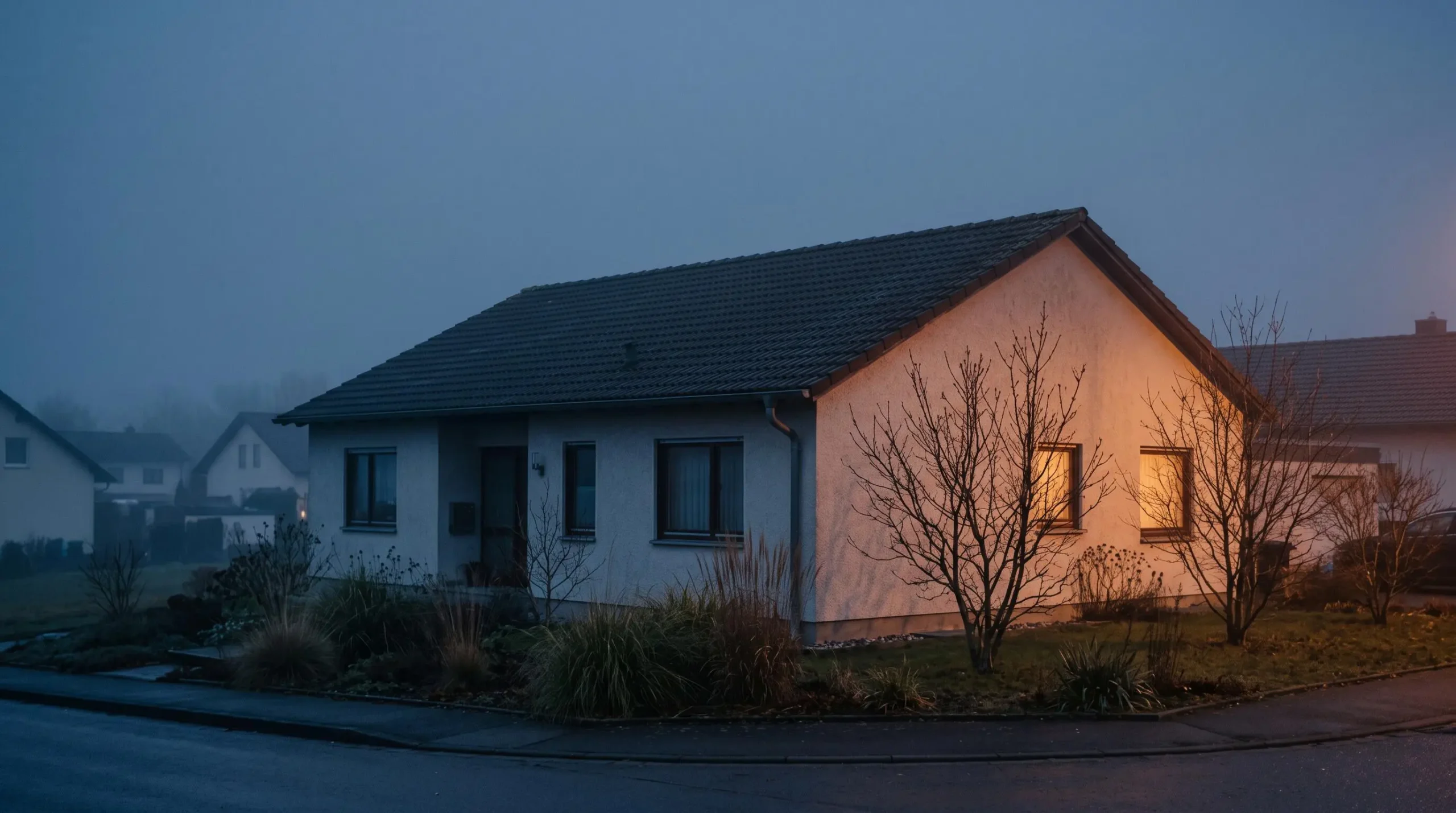 Maison individuelle vue de nuit avec une moitié de la façade en thermographie froide (bleu, isolée) et l'autre en thermographie chaude (orange, non isolée), symbolisant la réduction de l'empreinte carbone