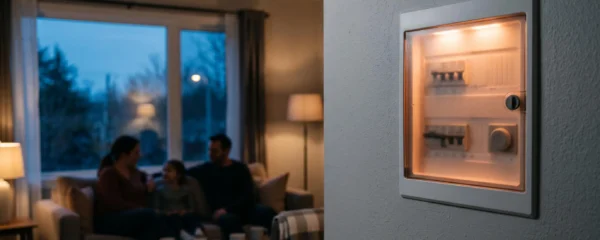 Interieur de maison chaleureux le soir, tableau electrique abstrait au mur symbolisant la maitrise de la consommation d'energie