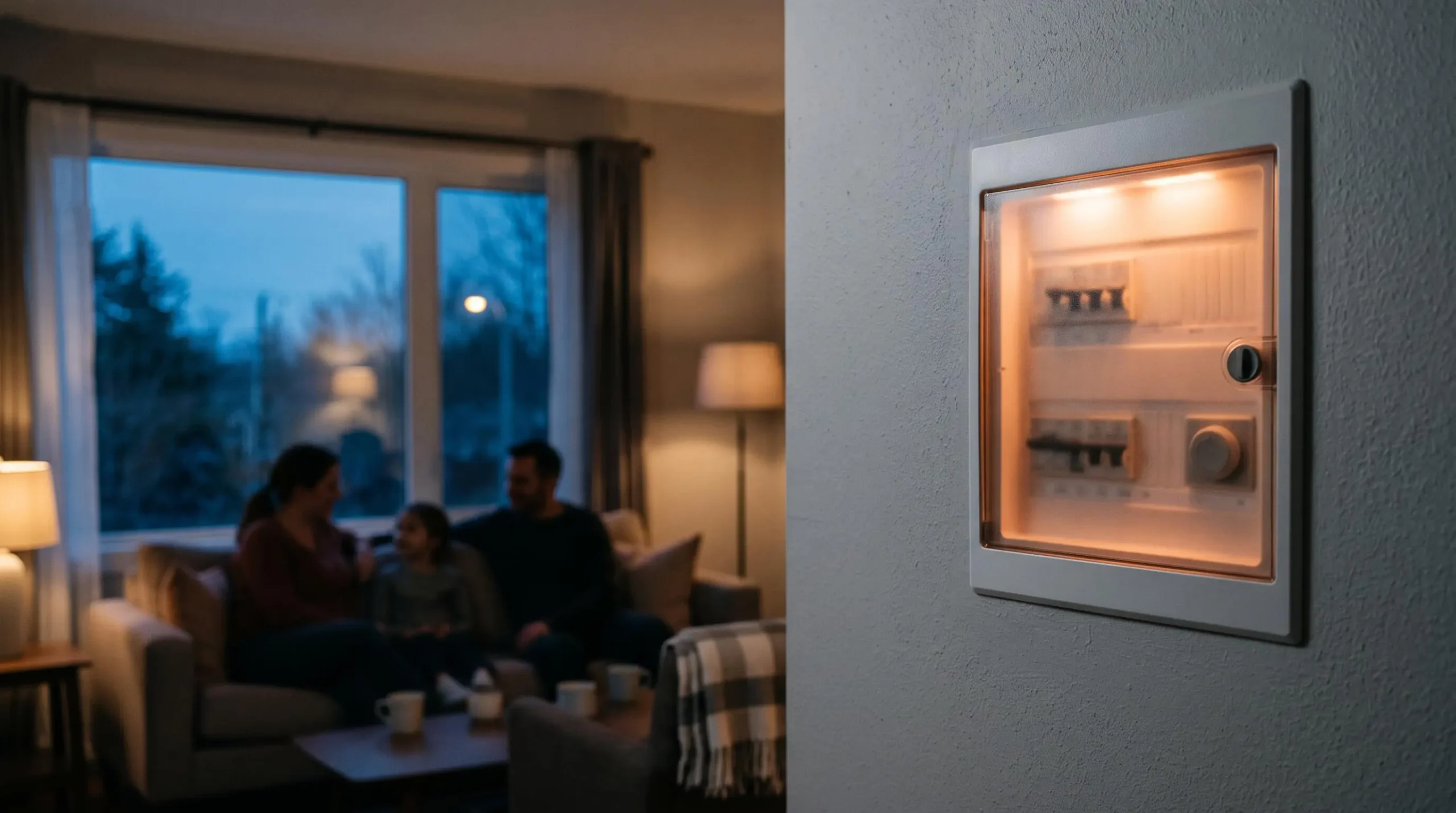 Interieur de maison chaleureux le soir, tableau electrique abstrait au mur symbolisant la maitrise de la consommation d'energie