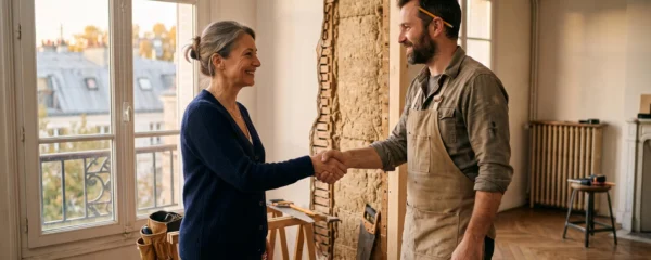 Propriétaire bailleur et artisan échangeant devant un mur en cours d'isolation dans un appartement lumineux en pleine rénovation énergétique