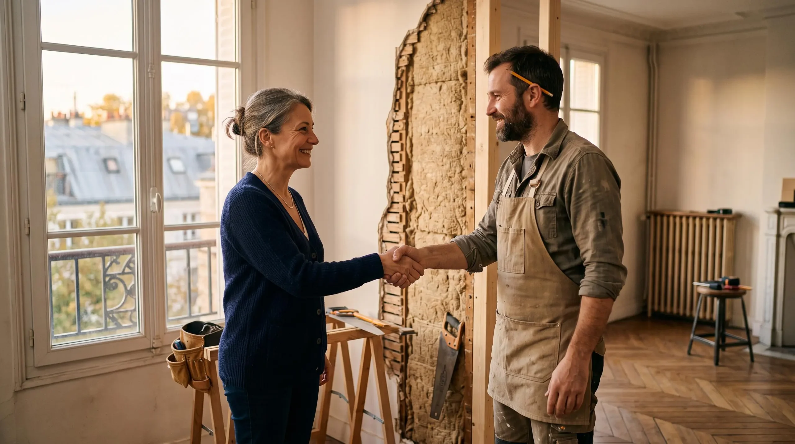 Propriétaire bailleur et artisan échangeant devant un mur en cours d'isolation dans un appartement lumineux en pleine rénovation énergétique