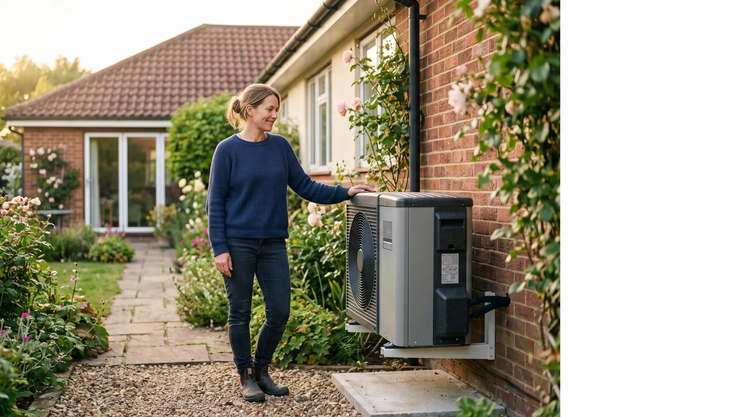 Maison individuelle des années 80 en transition vers un chauffage écologique, avec une unité extérieure de pompe à chaleur discrètement intégrée au jardin