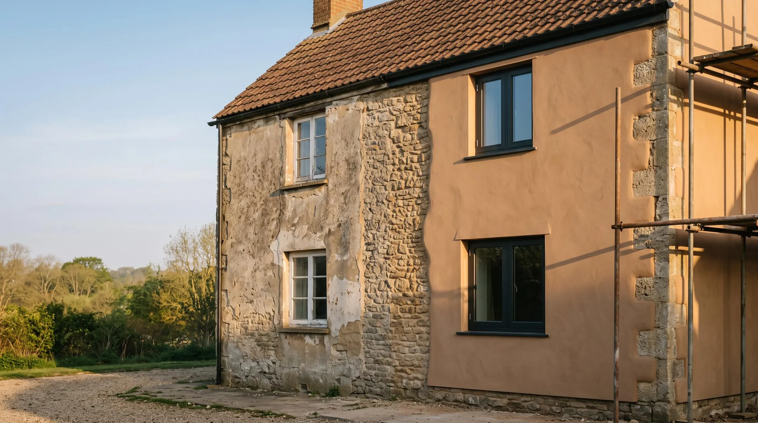 Façade d'une maison à moitié rénovée illustrant la transformation énergétique et la valorisation d'un bien immobilier