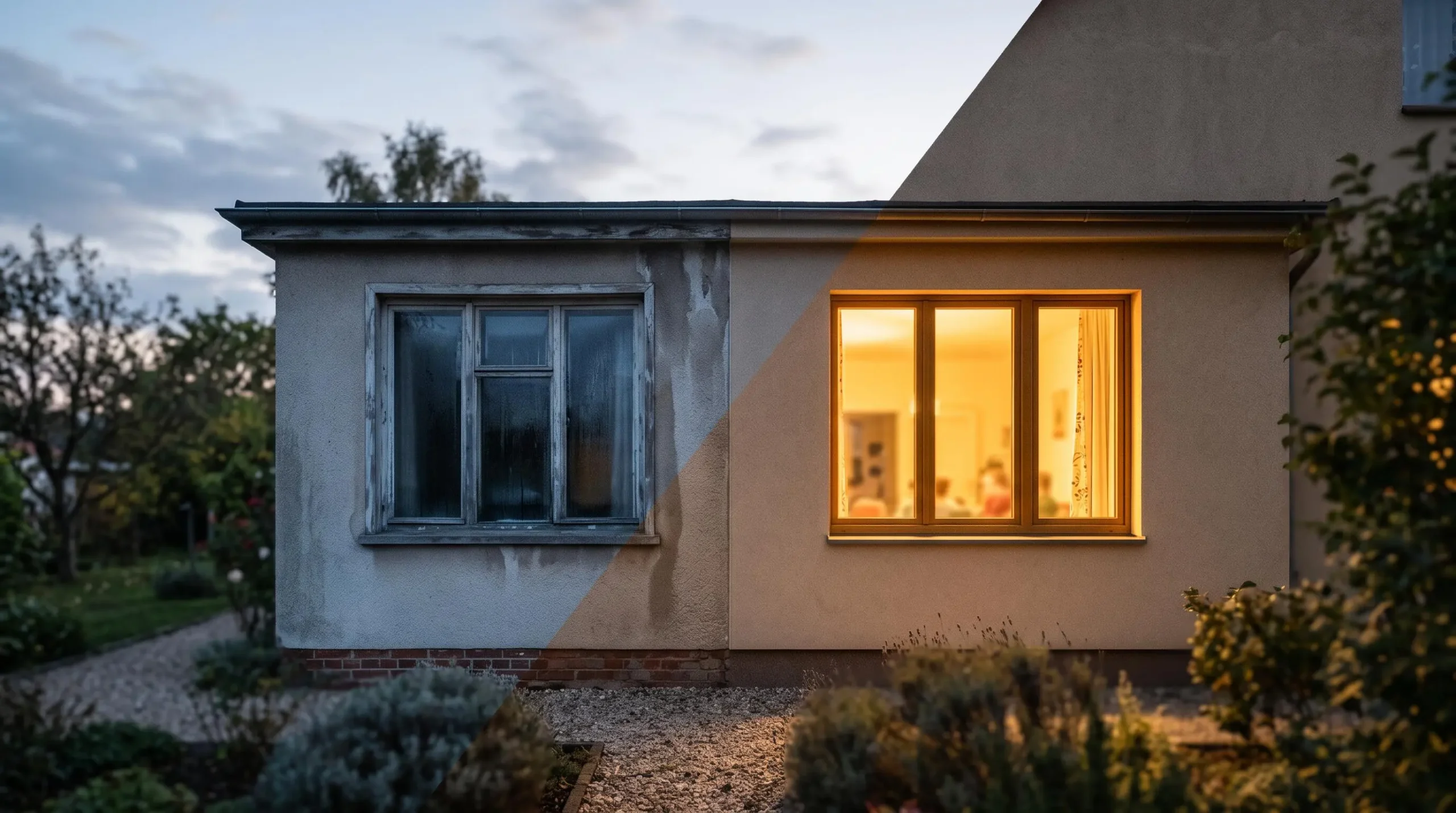 Façade d'une maison montrant la transition entre une ancienne fenêtre simple vitrage et une fenêtre moderne à double vitrage performante