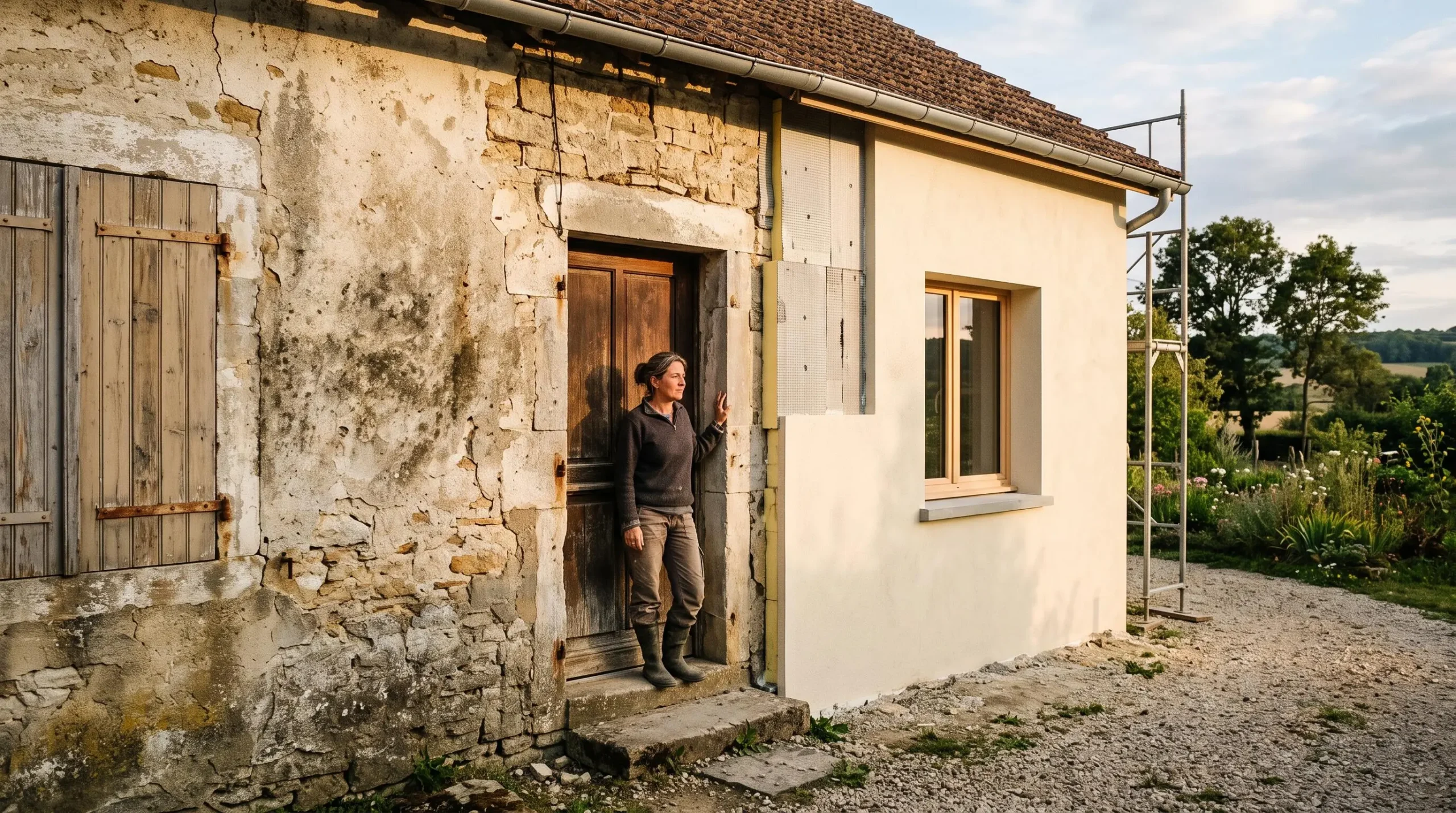 Façade d'une maison ancienne en pleine rénovation, symbole de la transformation d'un logement indigne grâce aux aides de l'ANAH
