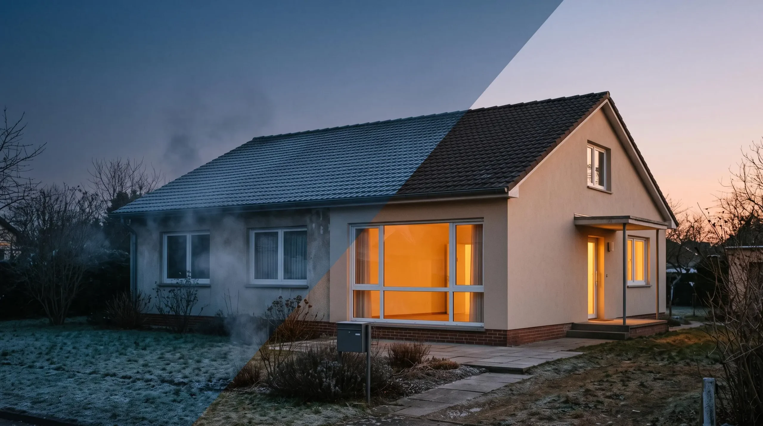 Maison pavillonnaire des années 70 mi-figee par le froid, mi-baignee de lumiere chaude, symbolisant la renovation energetique de classe E vers classe B