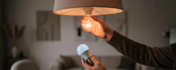 Main remplaçant une ampoule halogène par une ampoule LED dans un salon lumineux, symbolisant la transition énergétique du foyer