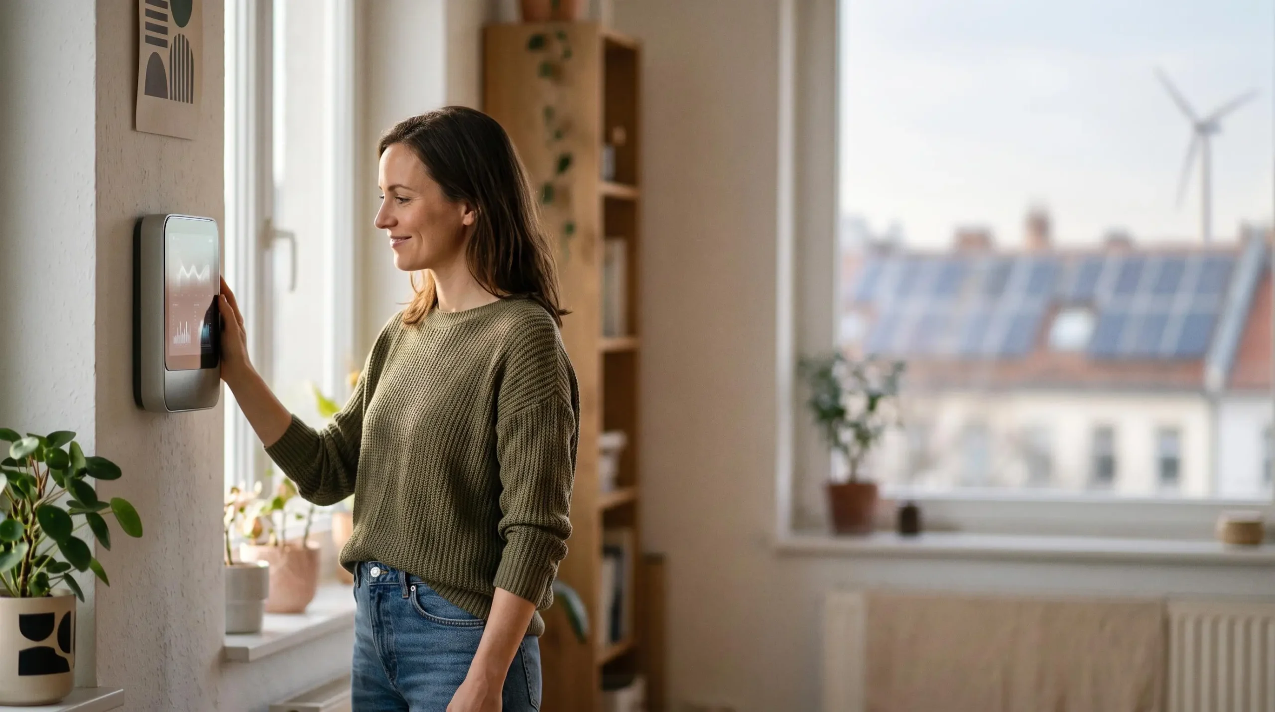 Un foyer souriant consultant sereinement son compteur d'électricité connecté dans un salon lumineux, symbolisant le passage à une offre verte sans hausse de facture
