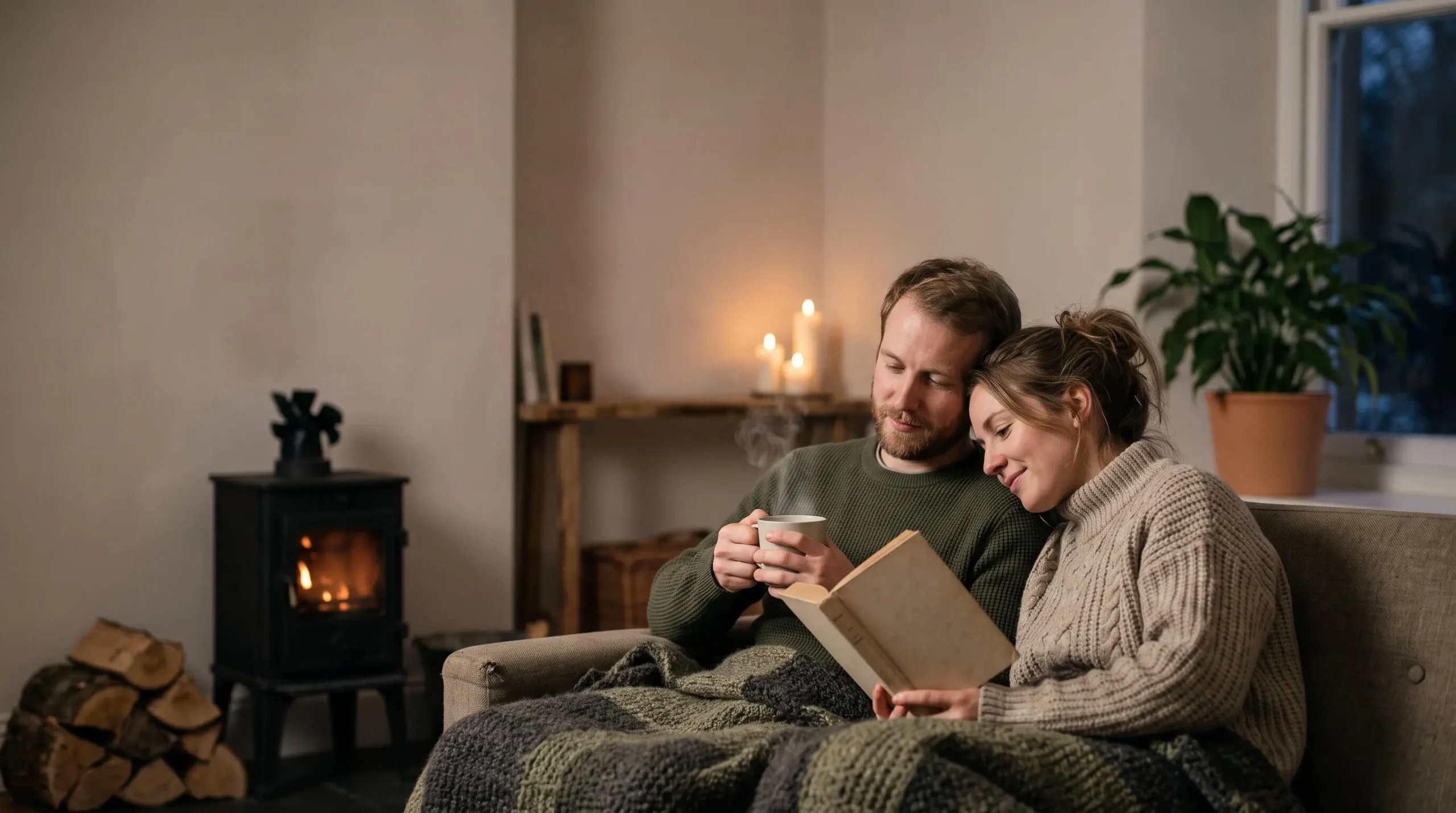 Couple partageant une soirée chaleureuse et sobre en énergie, éclairé à la bougie, symbole du confort frugal