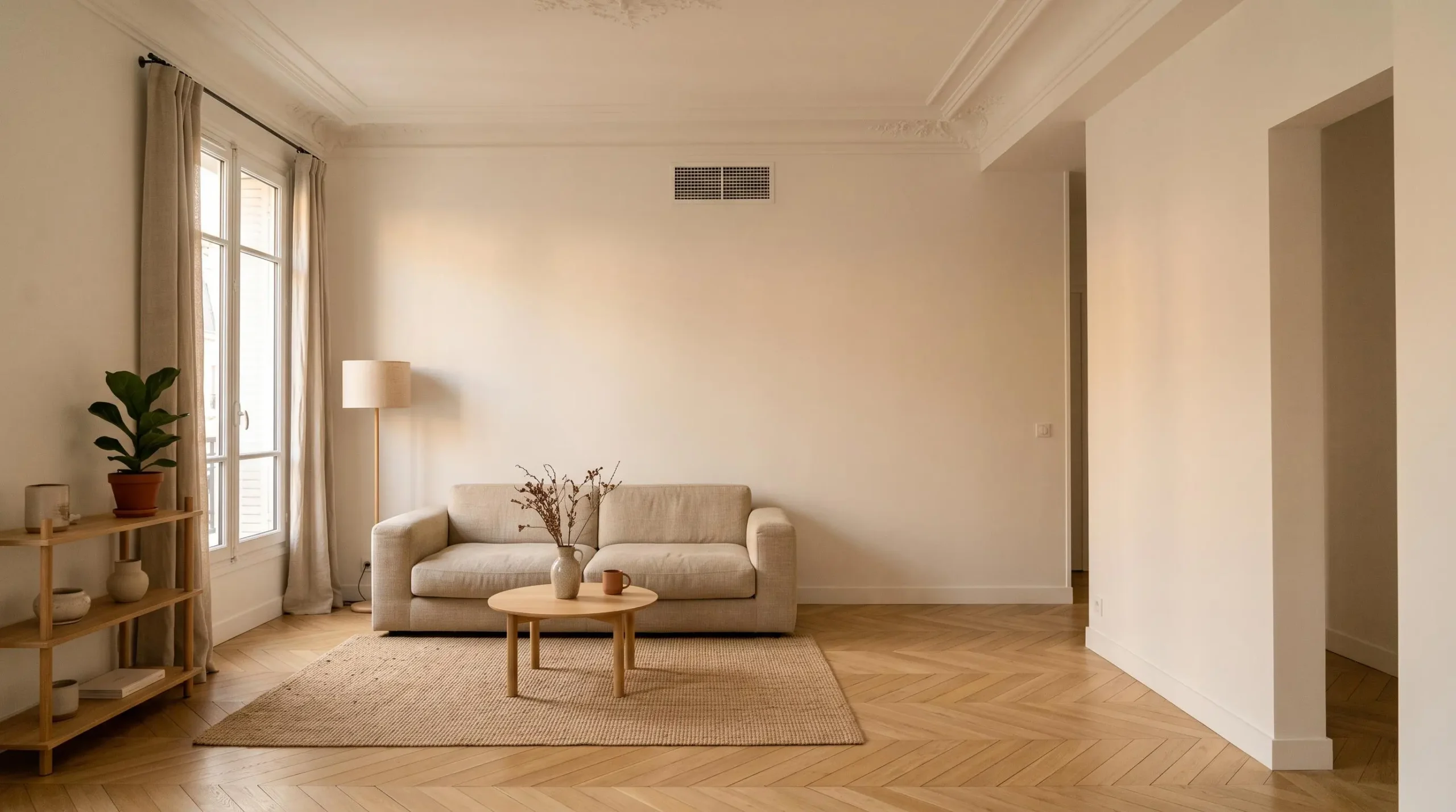 Interieur renove d'un logement de 90 m2 avec une bouche de ventilation discrete integree au plafond, lumiere naturelle douce